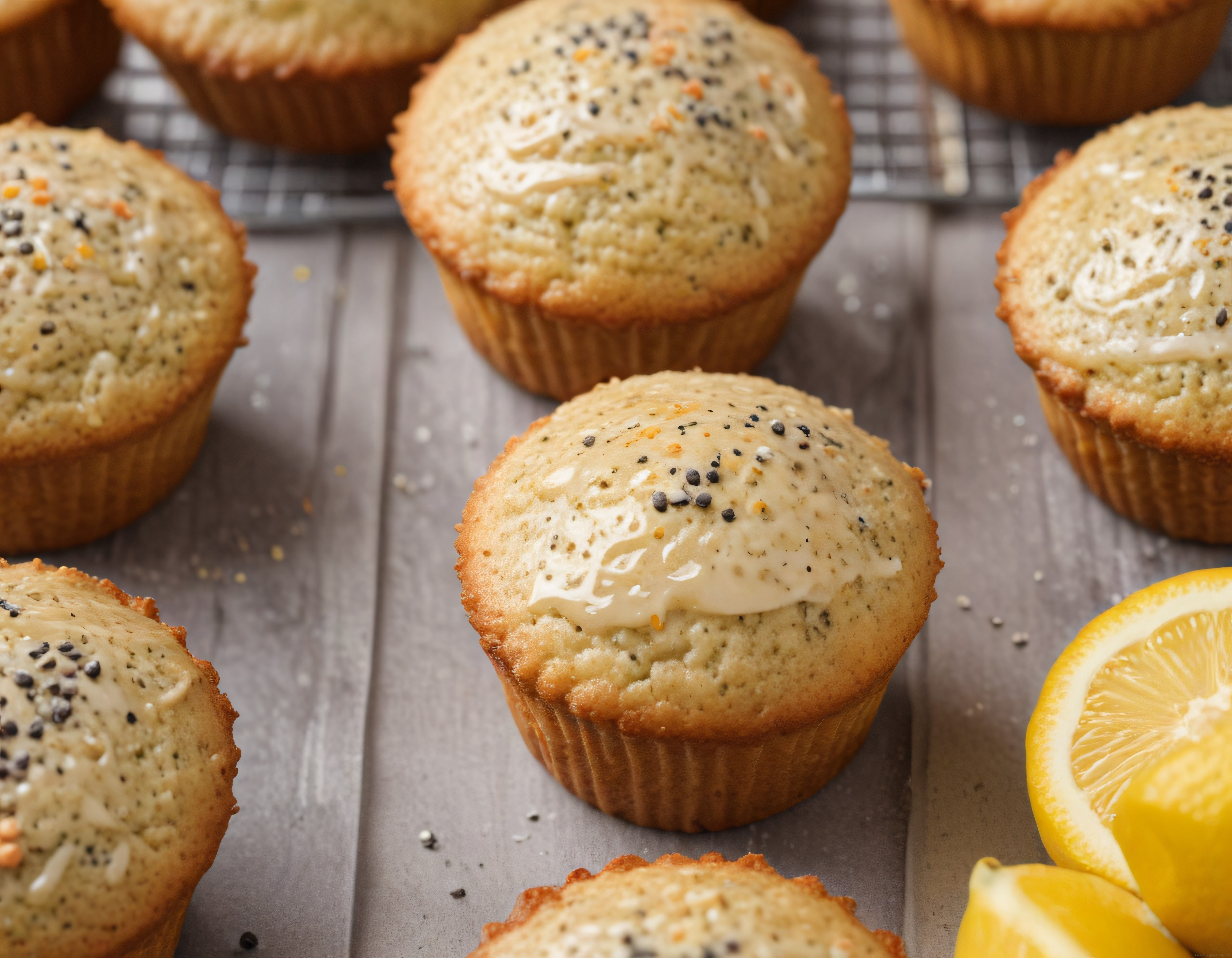Ev Yapımı Limonlu Haşhaşlı Muffinler Üzerinde Parlak Beyaz Glazür ve Tohumlar