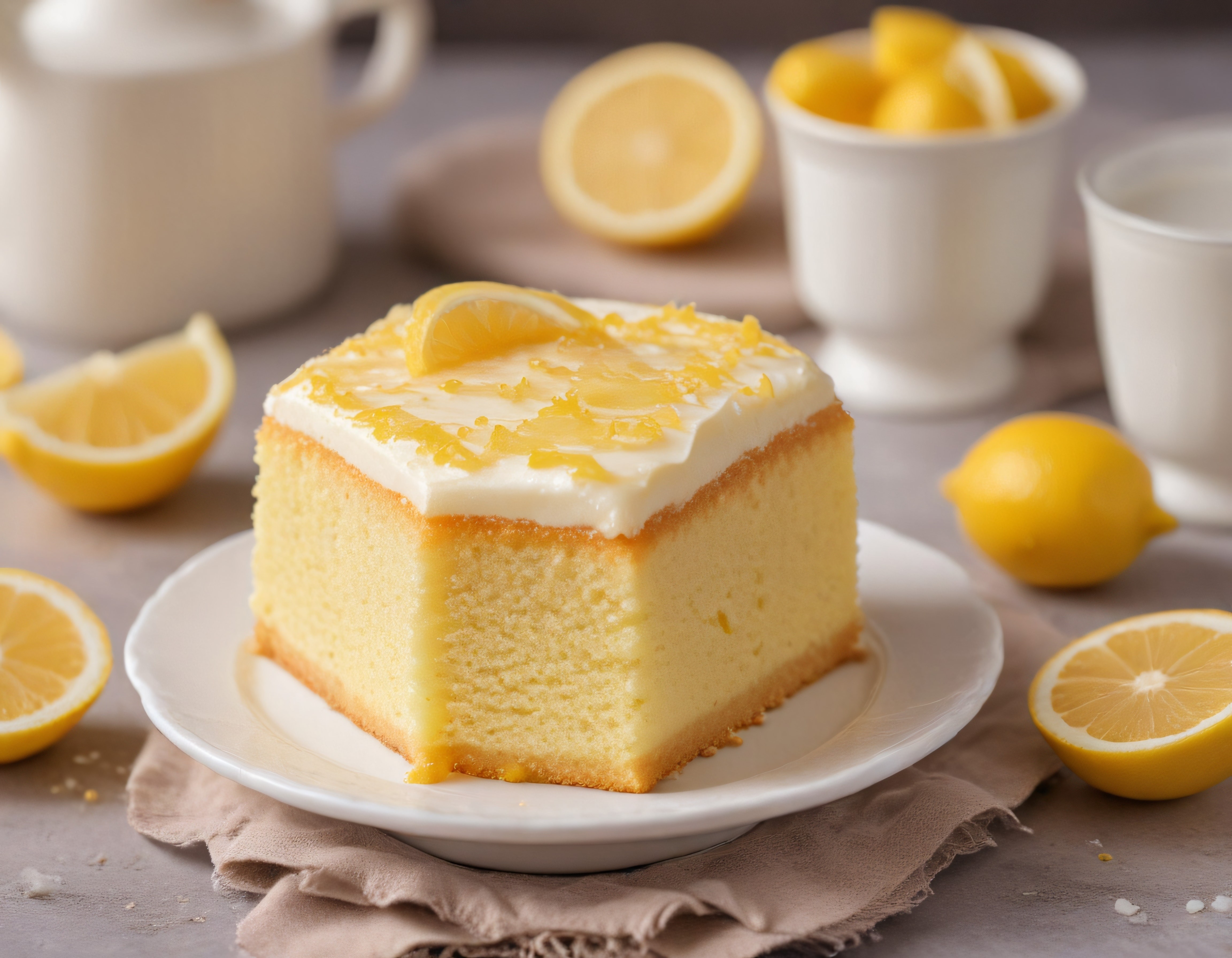Ev Yapımı Limonlu Kek Dilimi Üzerinde Beyaz Krema ve Limon Rendesi