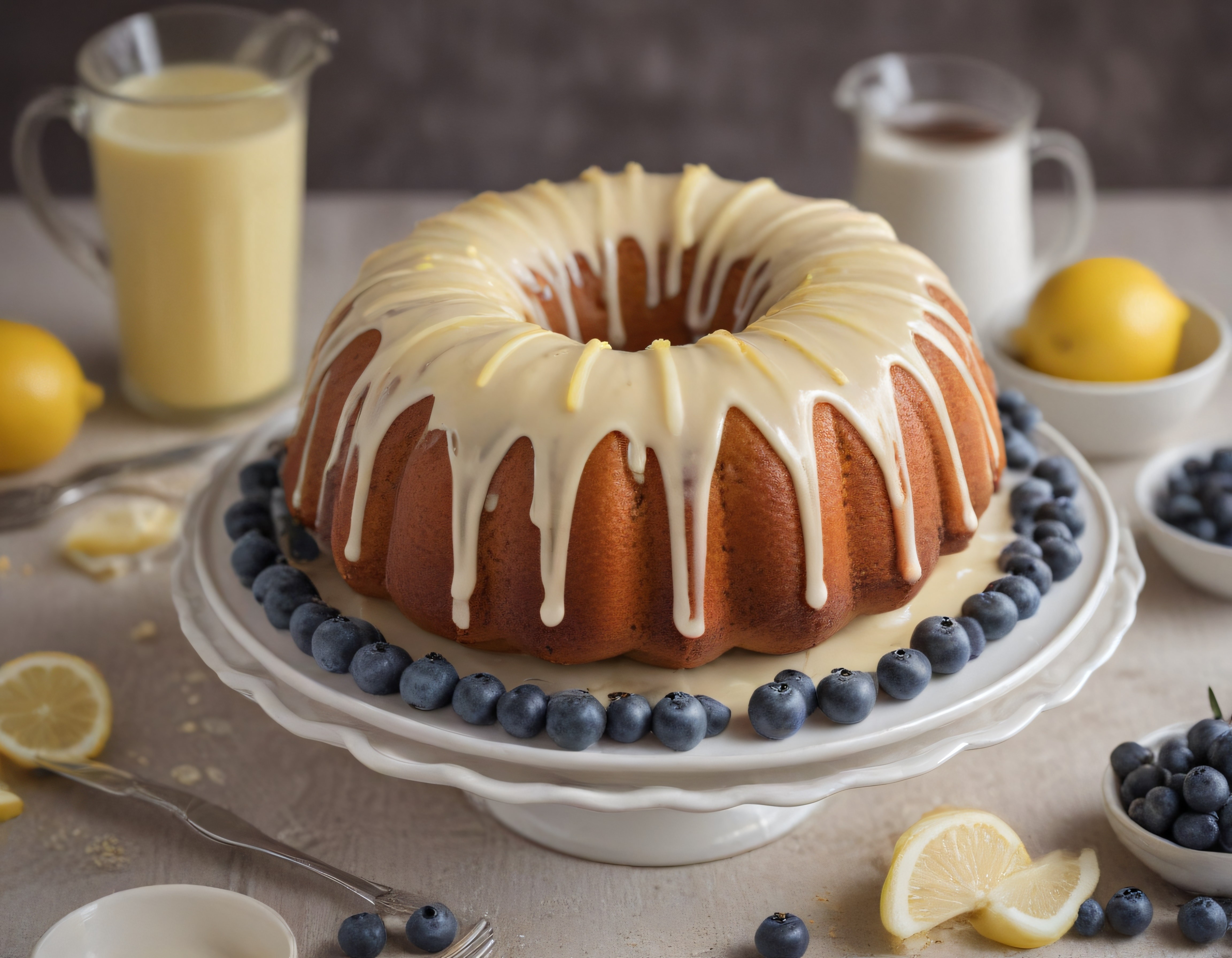 Ev Yapımı Limonlu Kremalı Bundt Kek ve Yaban Mersinli Tatlı Sunumu