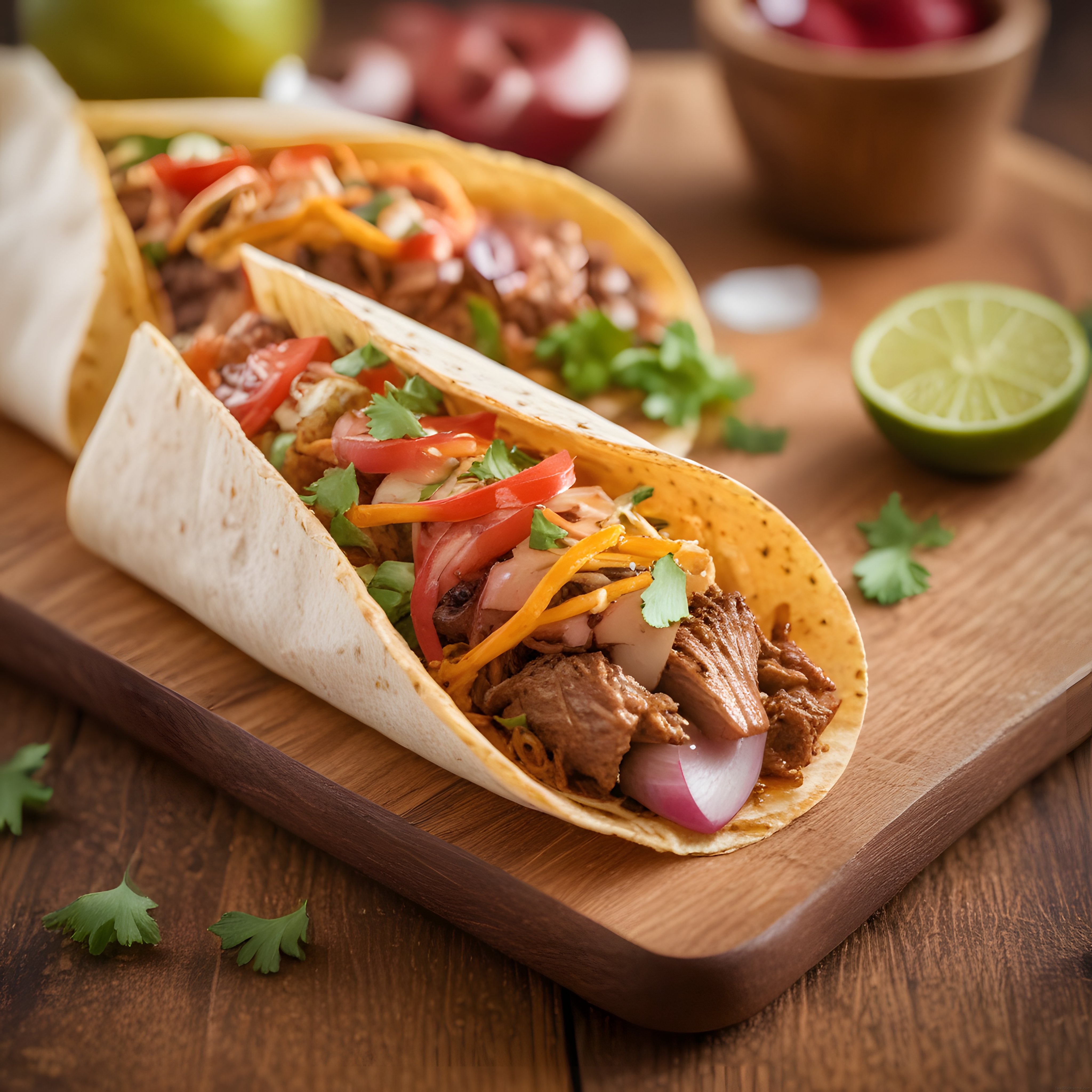 Ev Yapımı Meksika Tacos: Ahşap Sunumda Et ve Taze Sebzelerle Buluşma