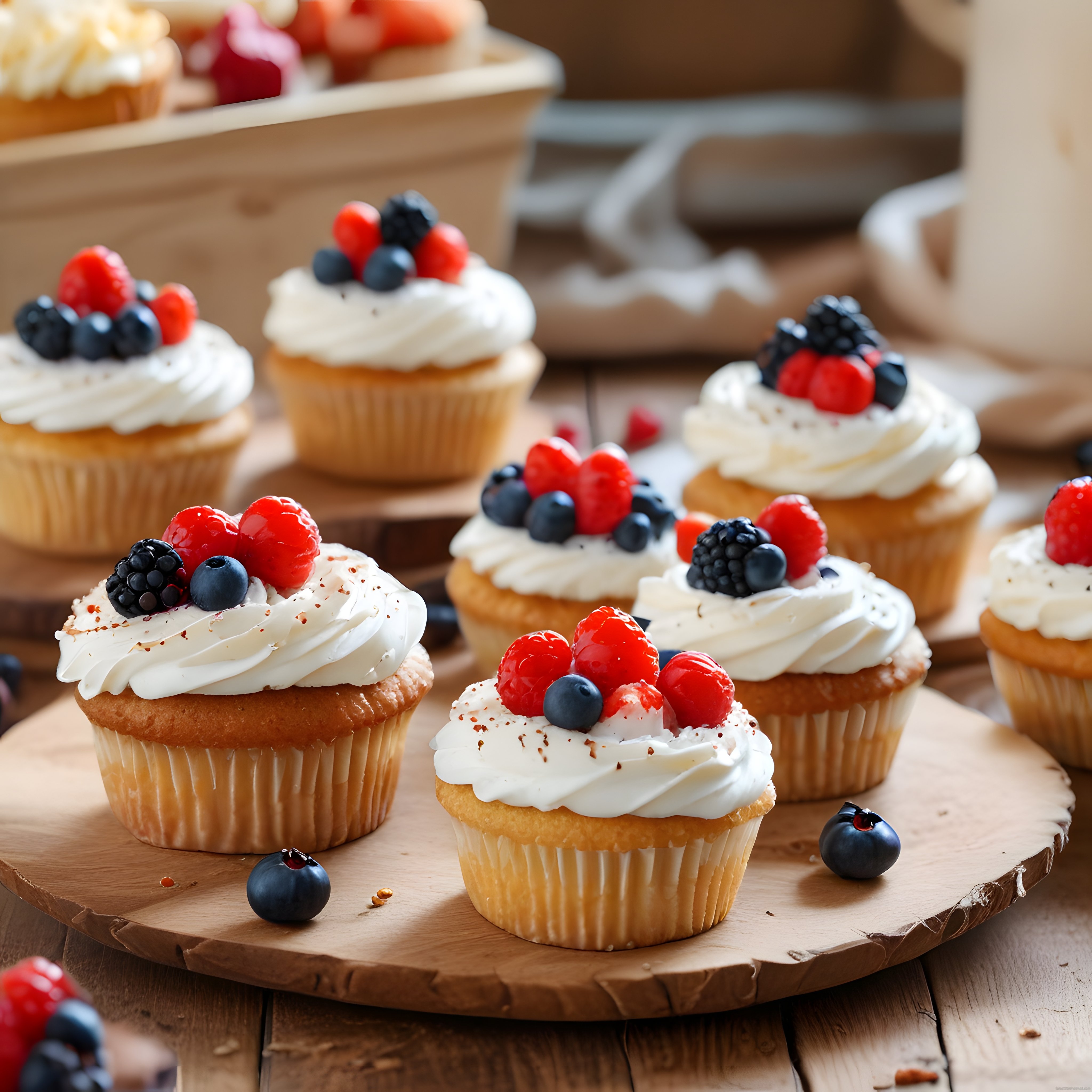 Ev Yapımı Meyveli Cupcake'ler: Yaban Mersini ve Kremalı Tatlı Sunumu