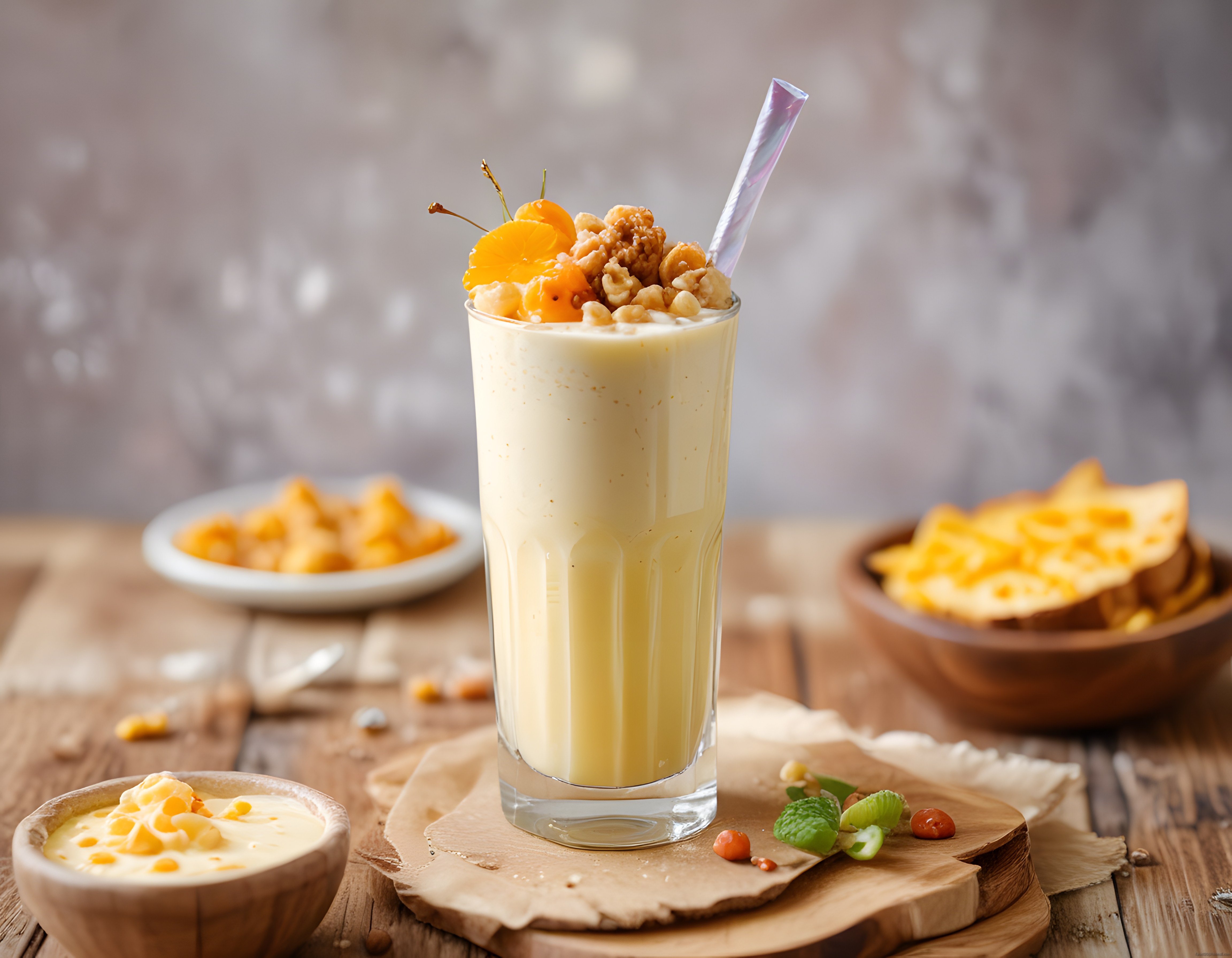 Ev Yapımı Meyveli Smoothie Bardakta Ceviz ve Taze Şeftali Süslemeli