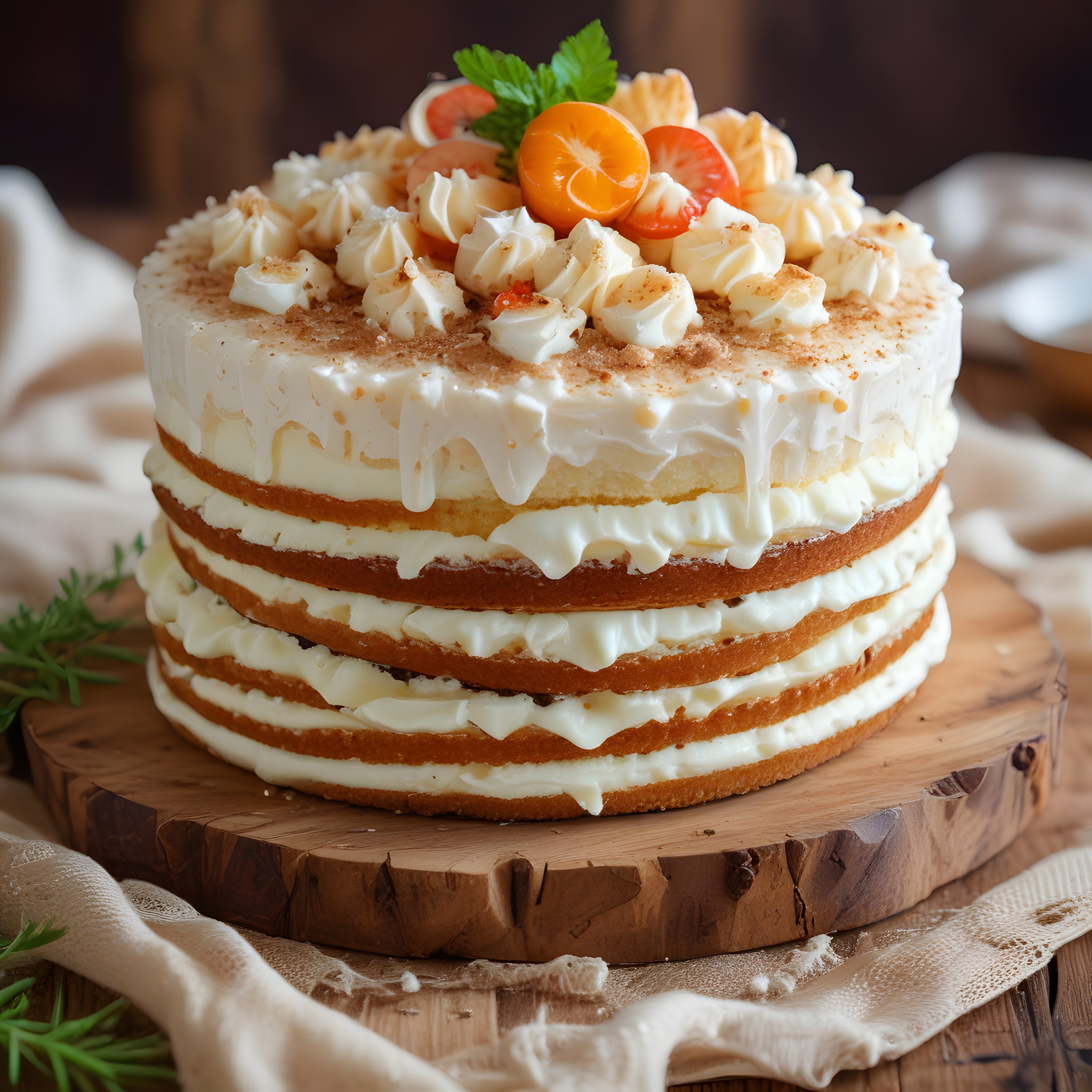 Ev Yapımı Meyveli ve Kremalı Katmanlı Pasta: Rustik Tarz Sunum