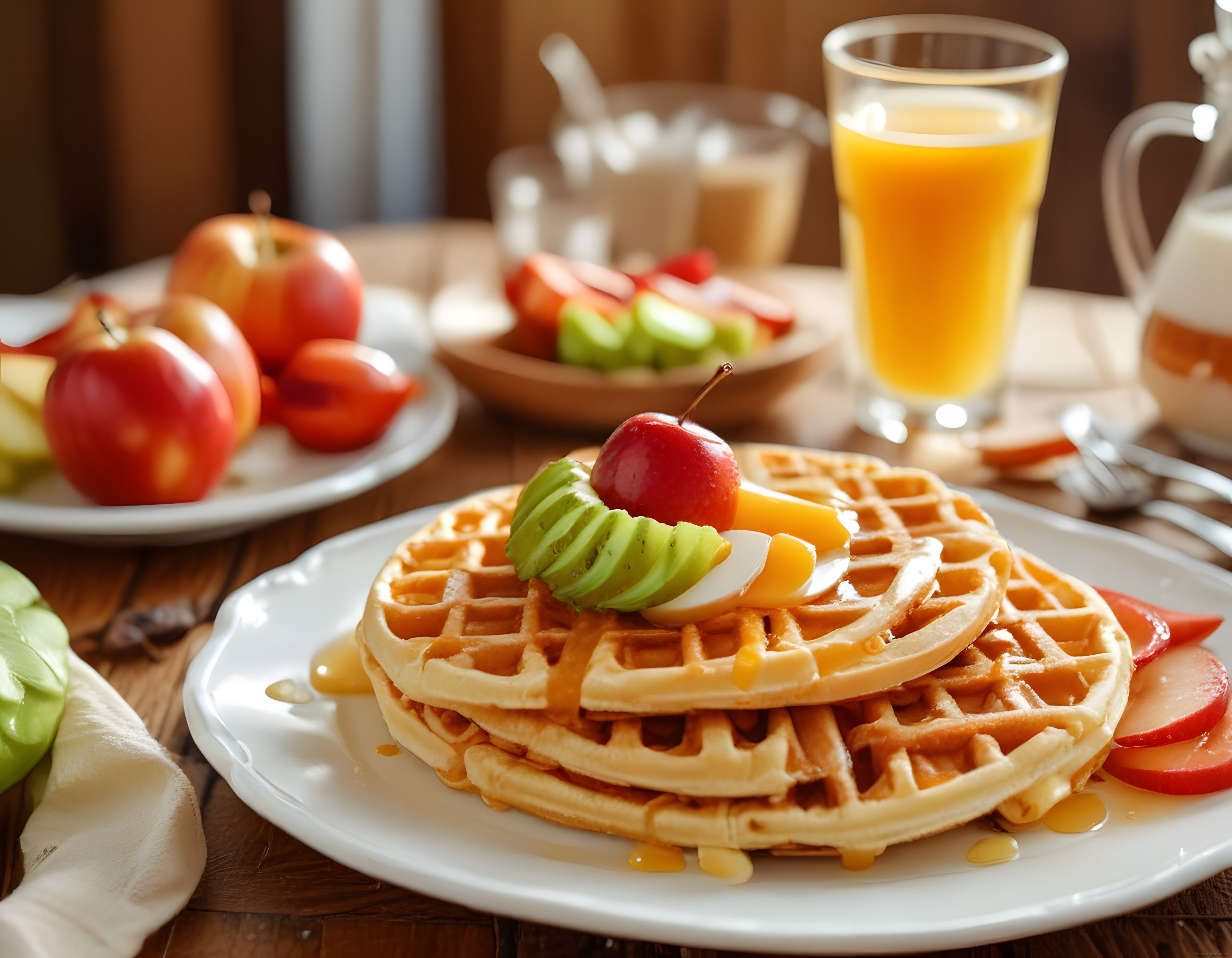 Ev Yapımı Meyveli Waffle ve Portakal Suyu ile Sıcacık Kahvaltı Anı