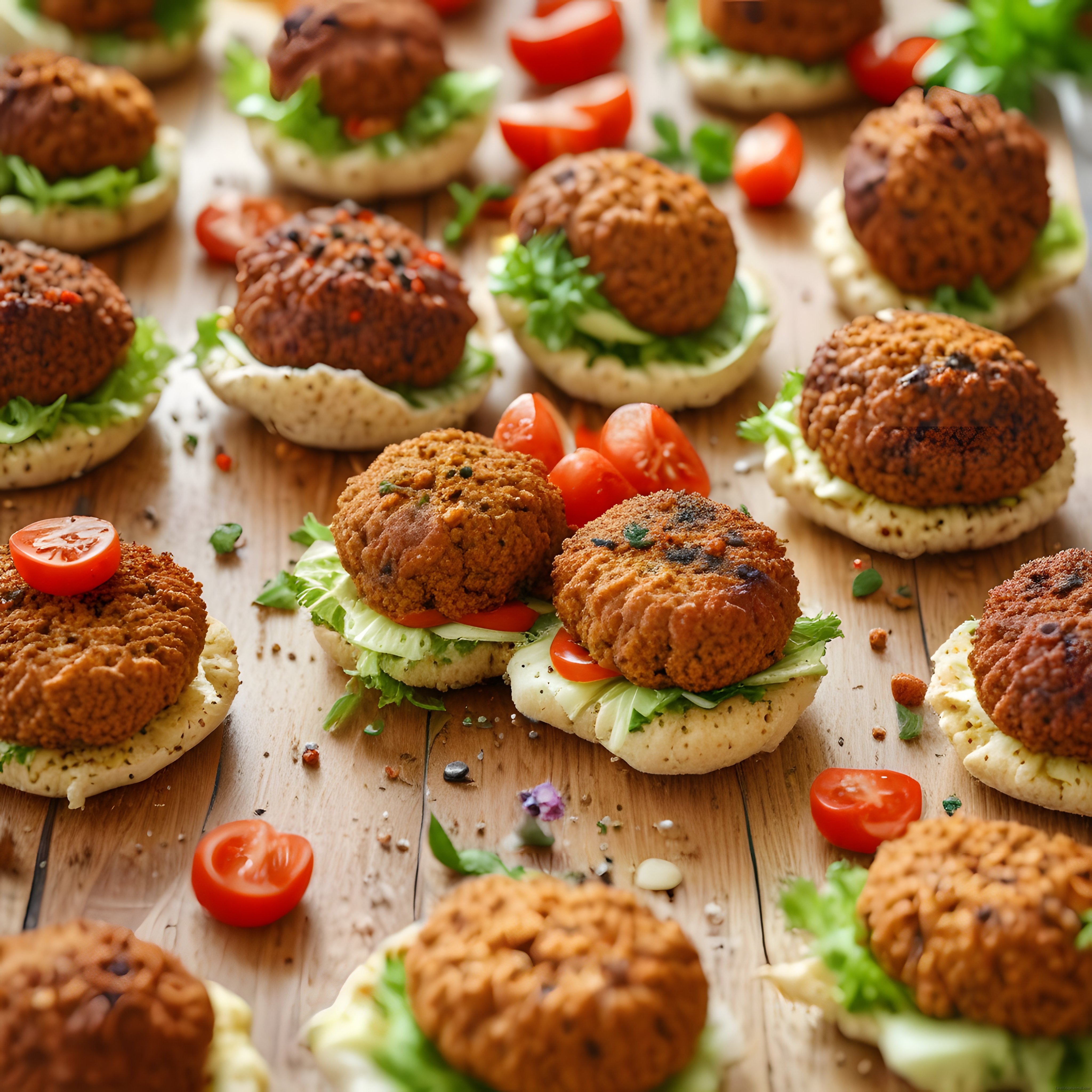 Ev yapımı mini falafel burgerler ahşap sunum tahtasında misafirlerinize özel