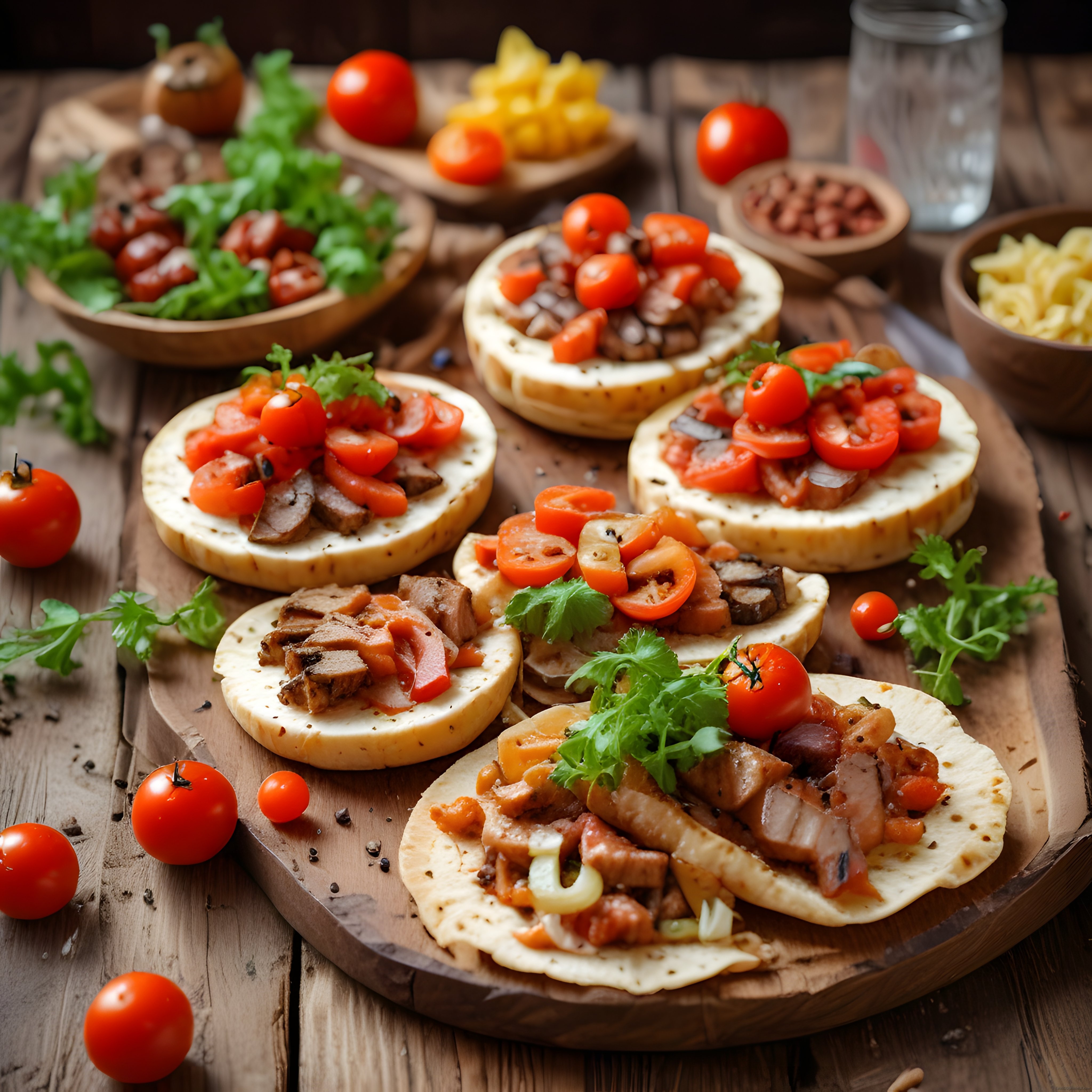 Ev yapımı mini pizza ve bruschetta çeşitleri rustik ahşap sunum tahtasında