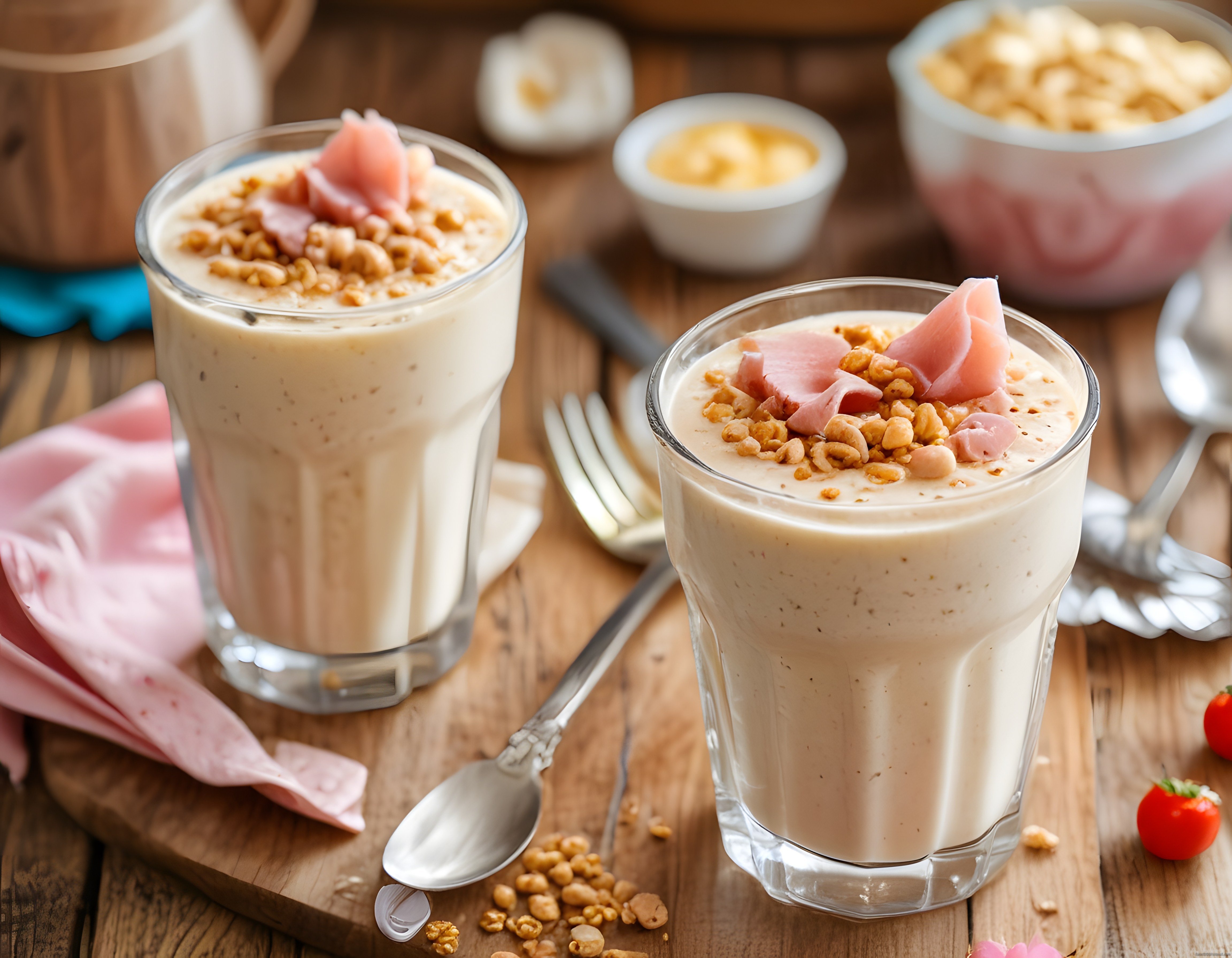 Ev Yapımı Muzlu Smoothie ve Granola ile Kahvaltı Masası Sunumu