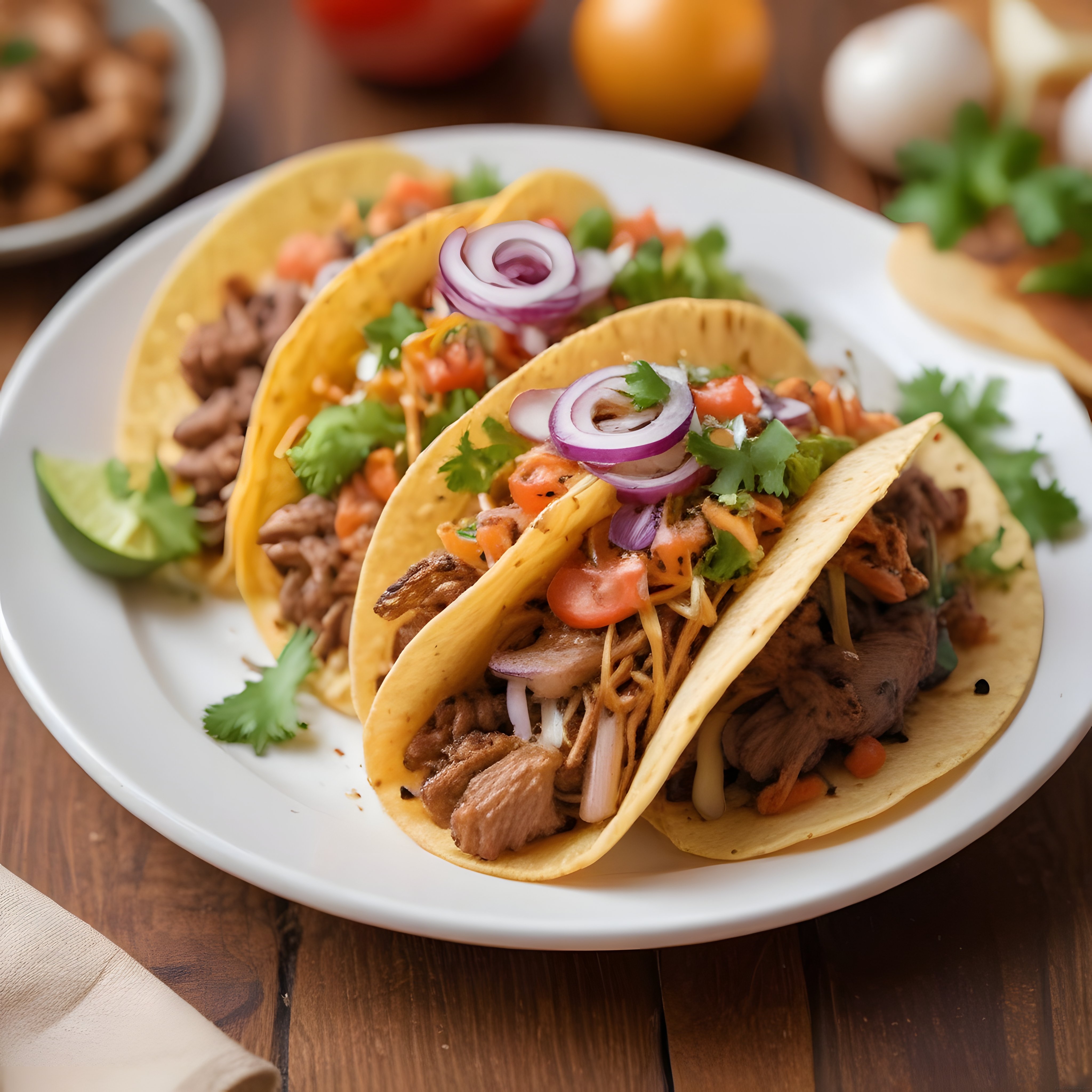 Ev yapımı nefis etli taco, mısır tortillasında taze sebzeler ve peynirle