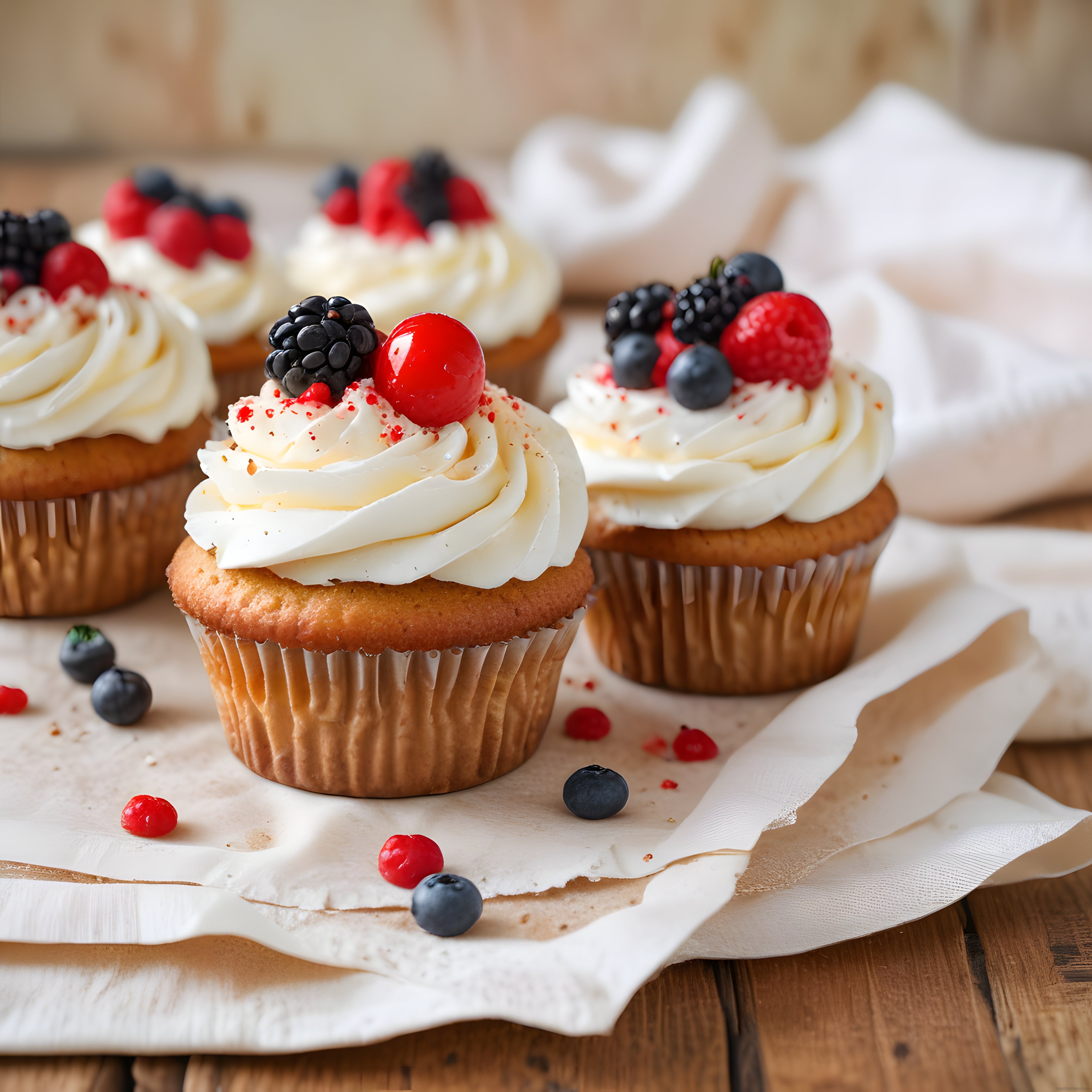 Ev Yapımı Orman Meyveli Cupcake'ler: Kremalı ve Renkli Meyveli Rustik Sunum