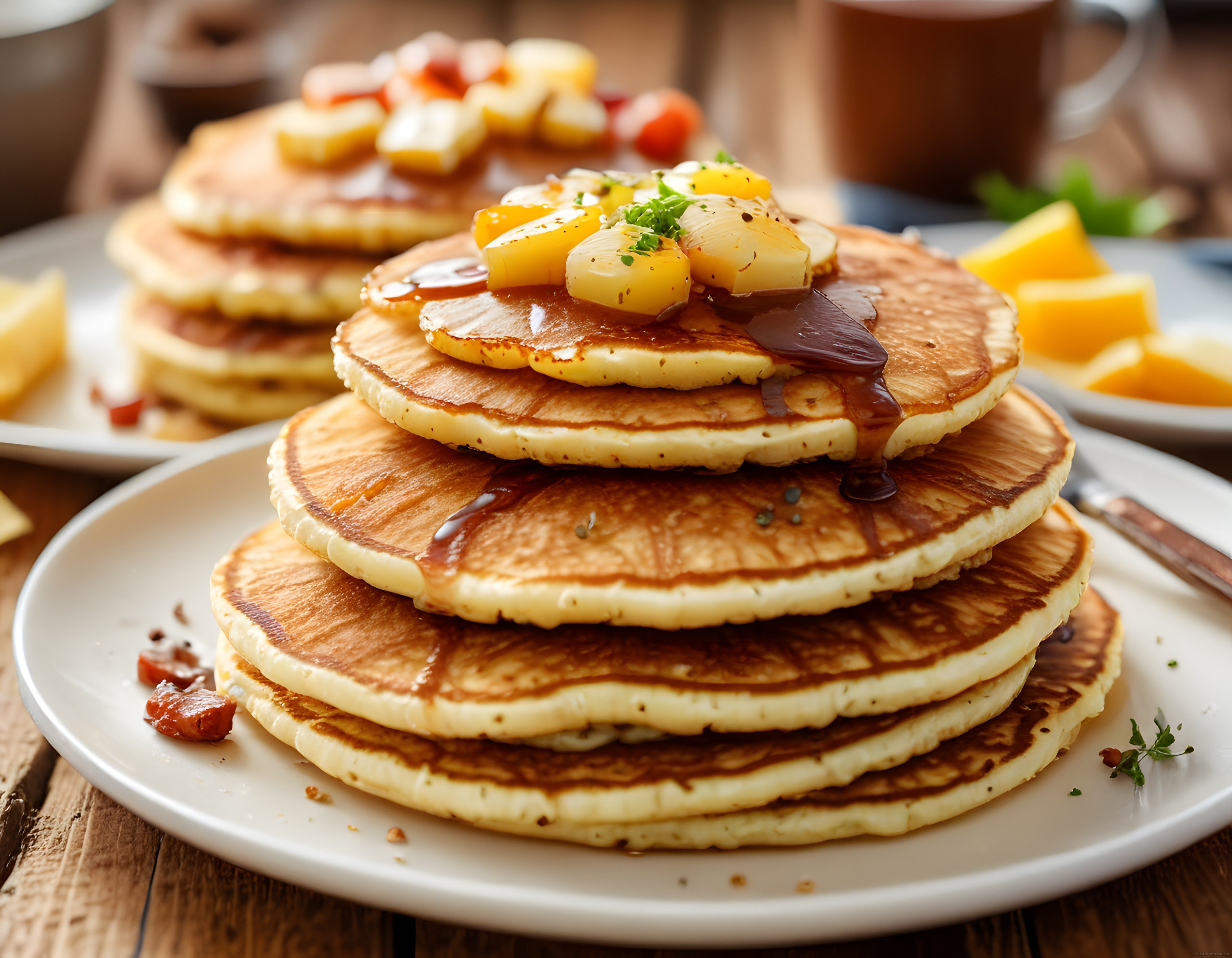 Ev Yapımı Pancake Kulesi: Çikolata Sosu ve Taze Meyvelerle Kahvaltı Keyfi