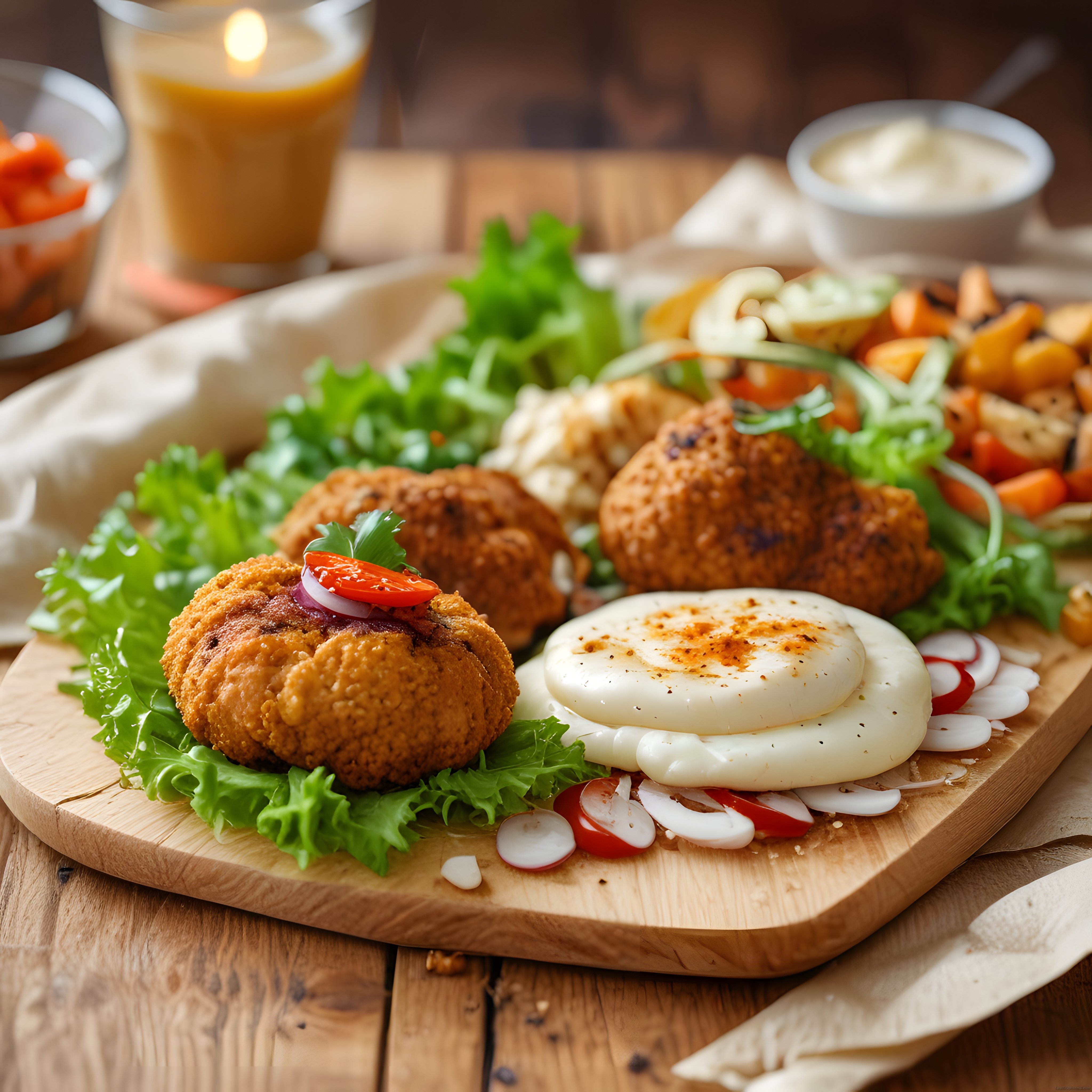 Ev yapımı pane köfte ve ızgara peynirli rustik ahşap sunum tabağı