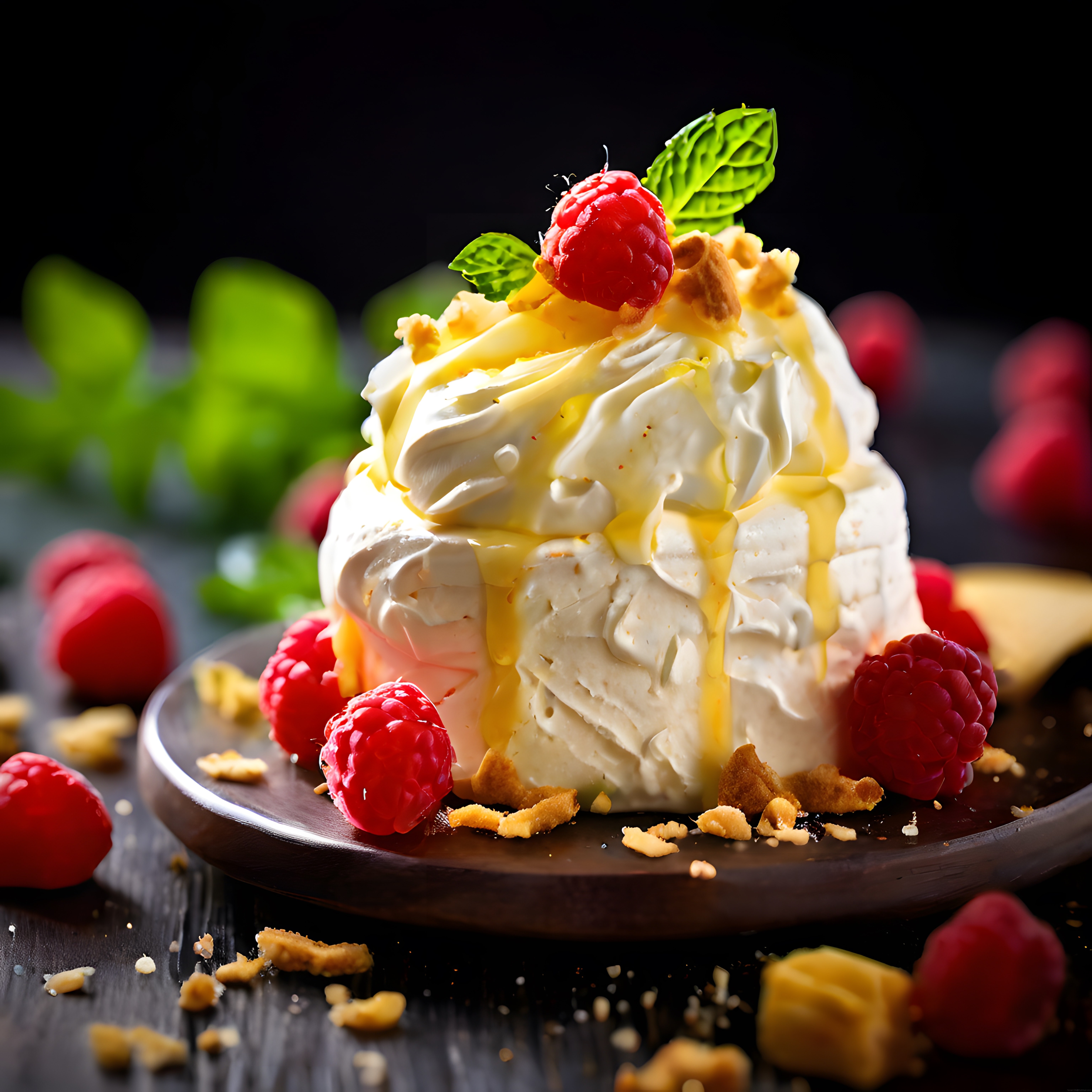 Ev Yapımı Pavlova: Kremalı Beze Üzerinde Taze Ahududu ve Karamel Sos