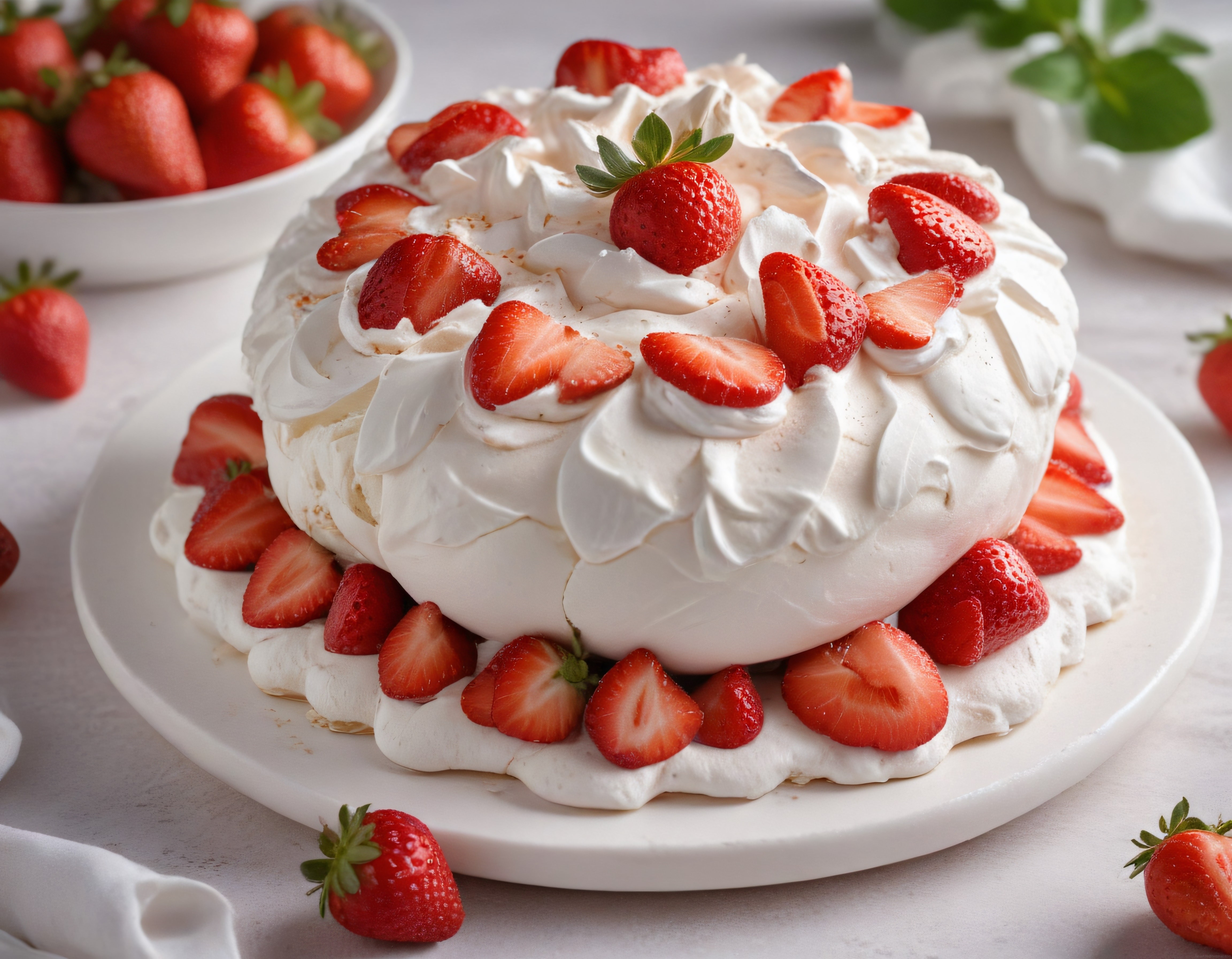 Ev Yapımı Pavlova: Üzeri Taze Çilek ve Yoğun Krema ile Kaplı Mereng Tatlısı