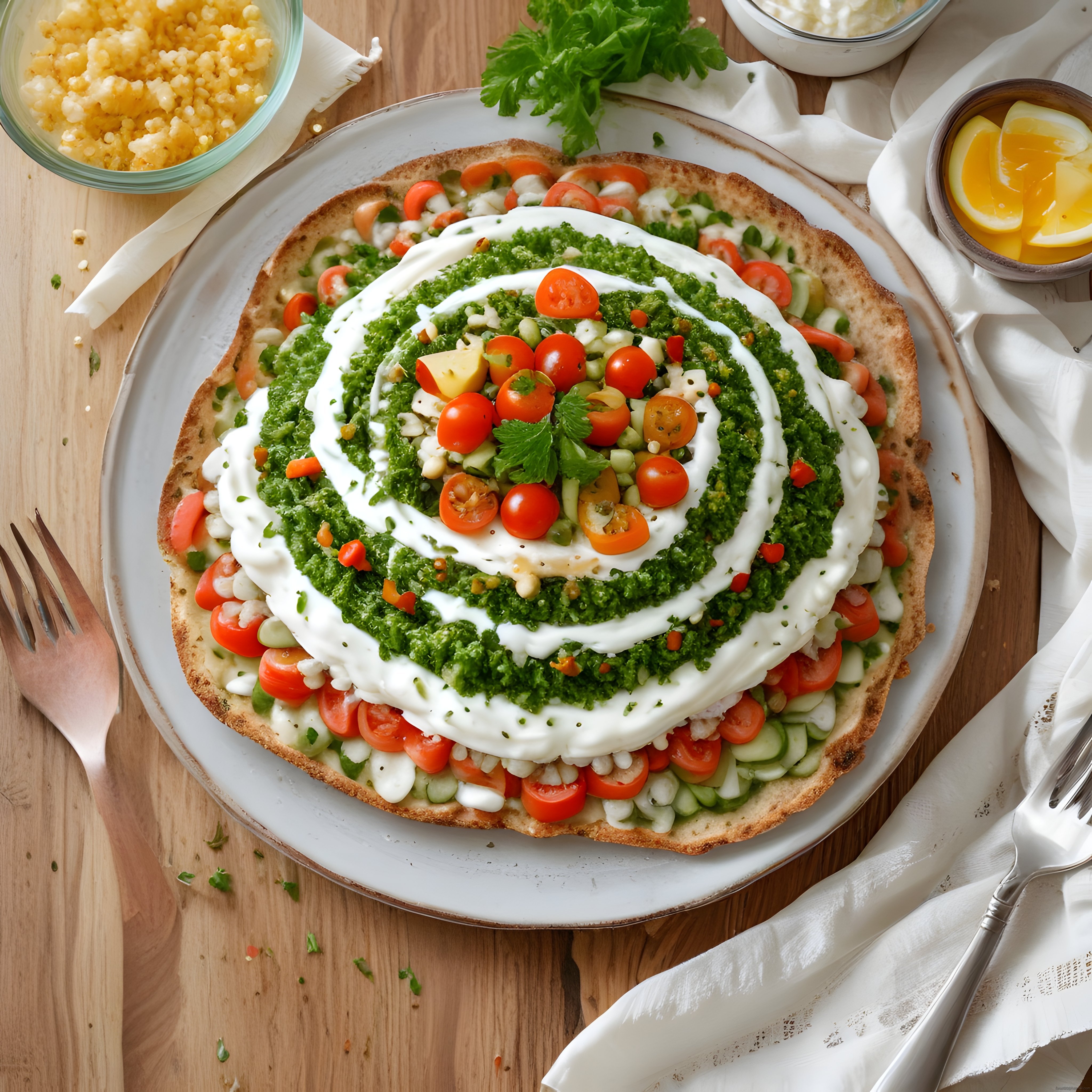 Ev Yapımı Pesto ve Yoğurt Soslu Taze Sebzeli Çıtır Pizza Tarifi ve Sunumu