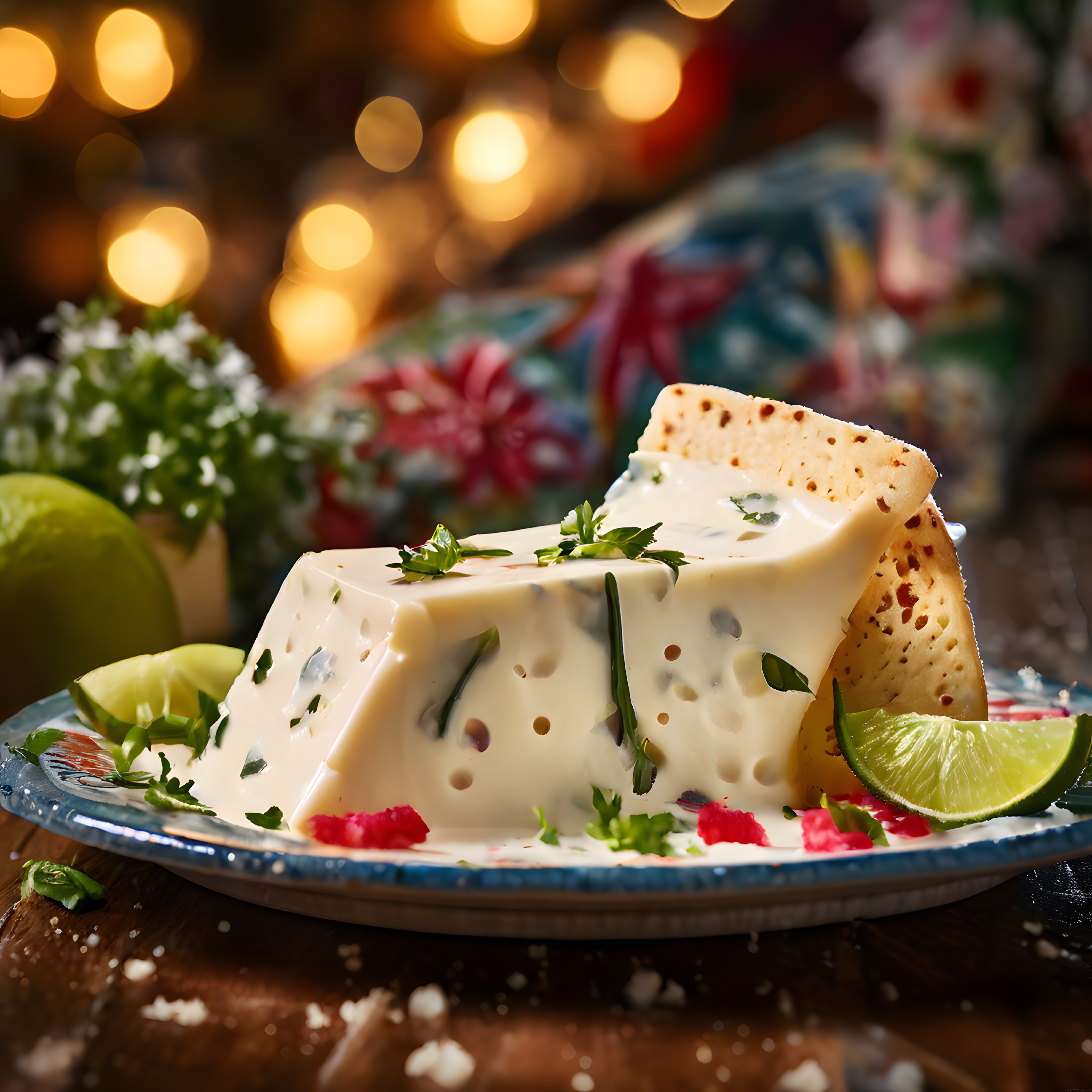 Ev yapımı peynirli tatlı, tortilla cipsi ve lime ile bokeh ışıklı rustik sunum