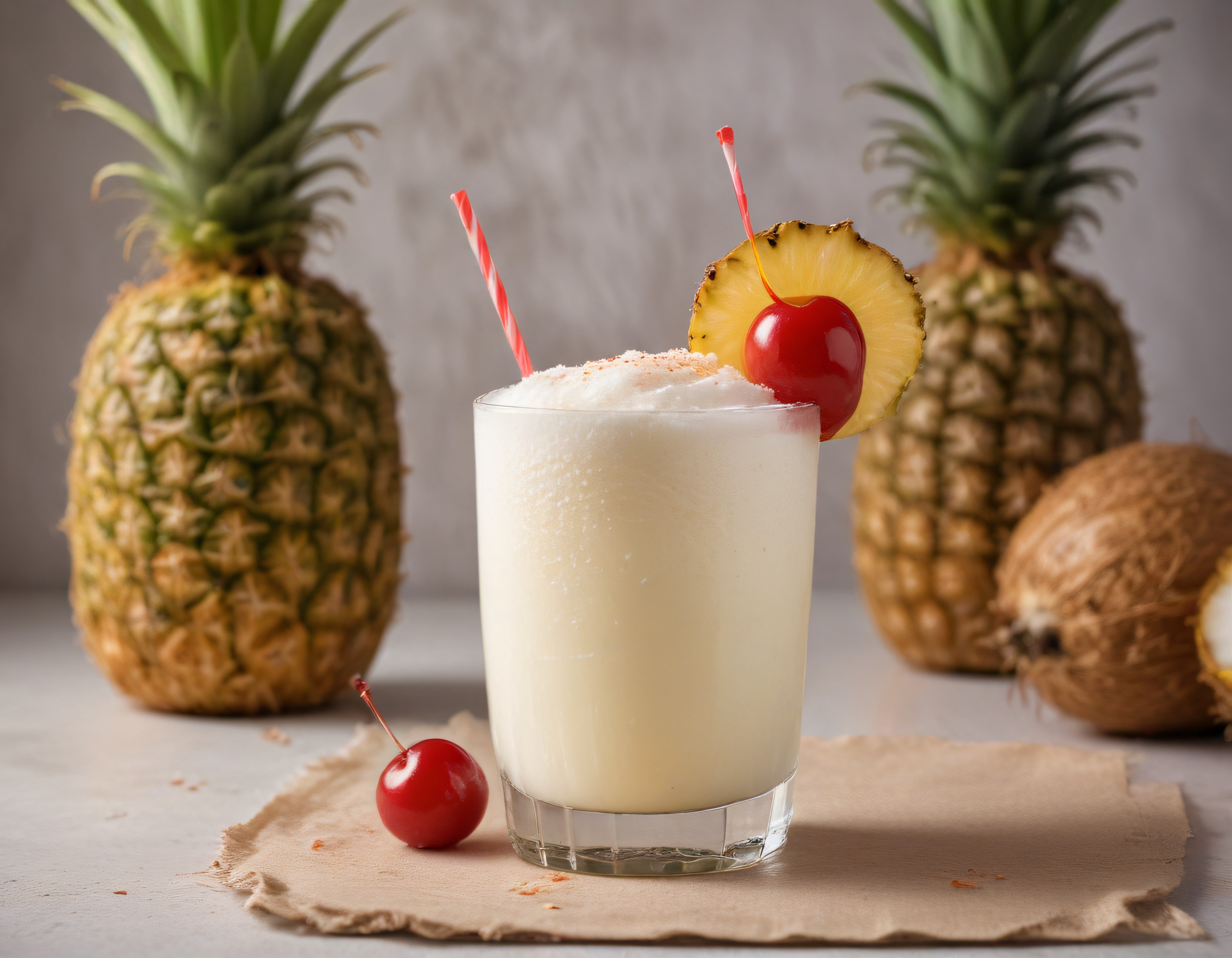 Ev Yapımı Pina Colada Kokteyli ile Taze Ananas ve Hindistan Cevizi Sunumu
