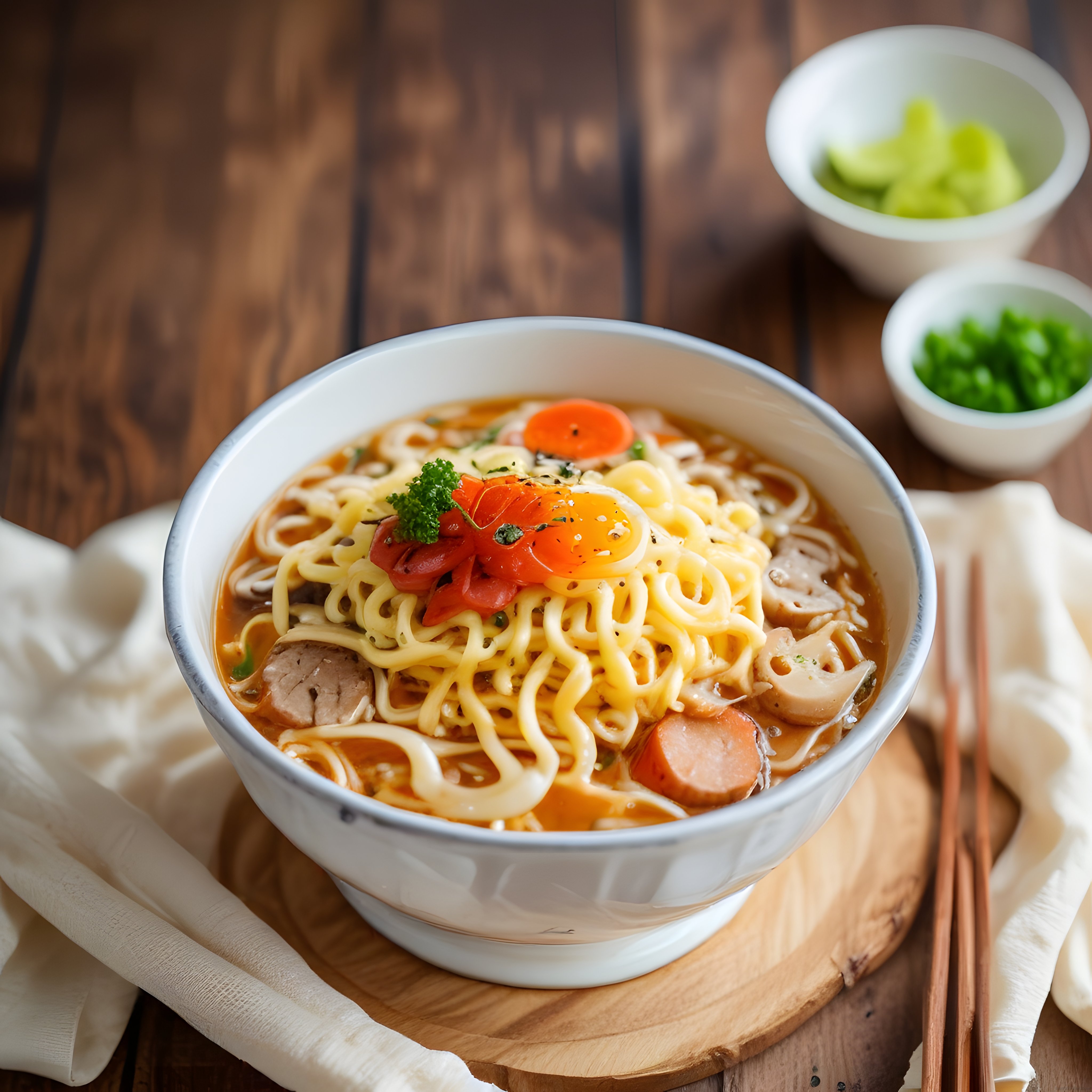 Ev Yapımı Ramen Kasesi: Erişte, Sosis ve Taze Yeşilliklerle Sıcacık Çorba