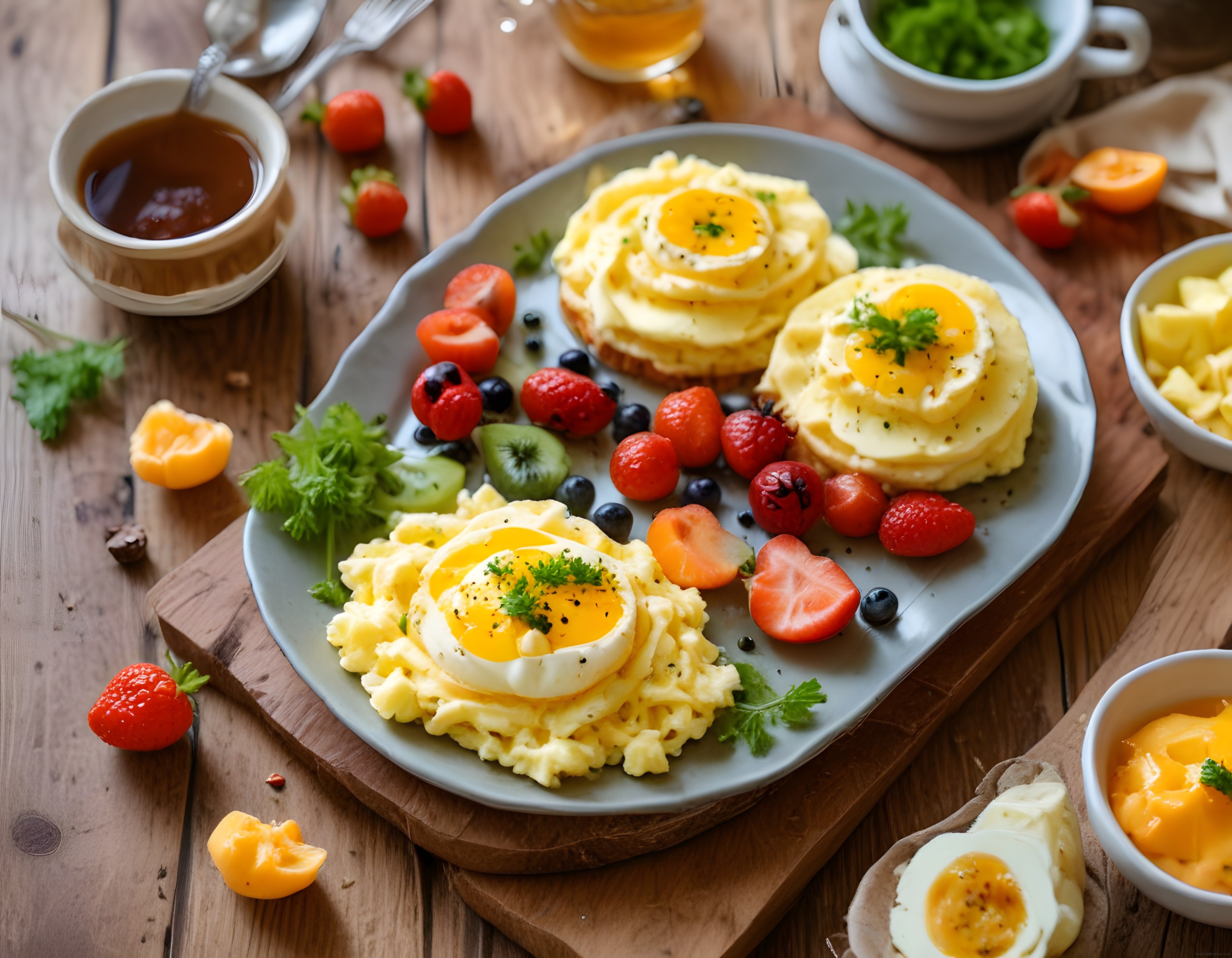Ev Yapımı Reçel Eşliğinde Bulut Yumurta ve Meyve Tabaklı Kahvaltı
