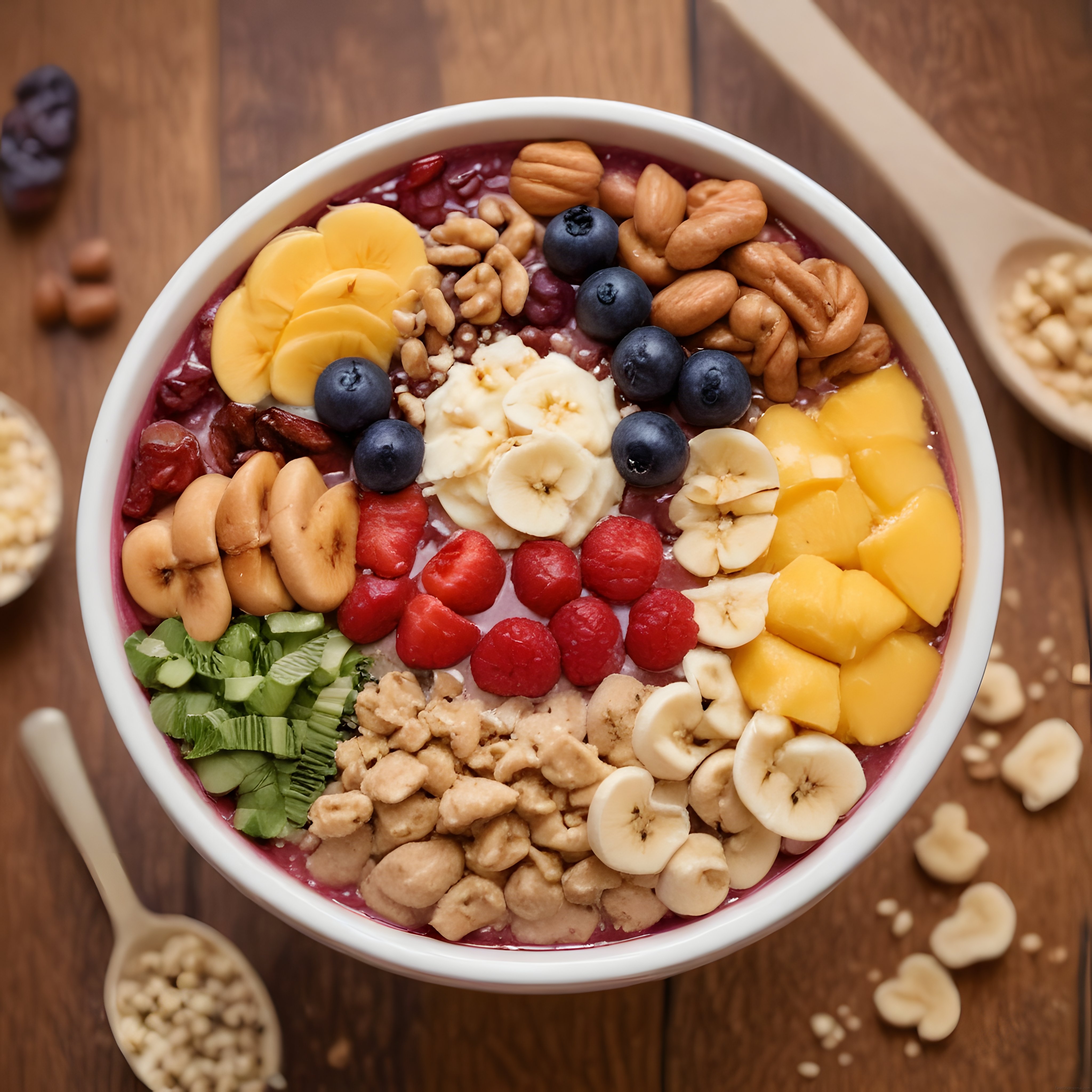 Ev Yapımı Renkli Meyve ve Kuruyemiş Süslemeli Sağlıklı Smoothie Bowl