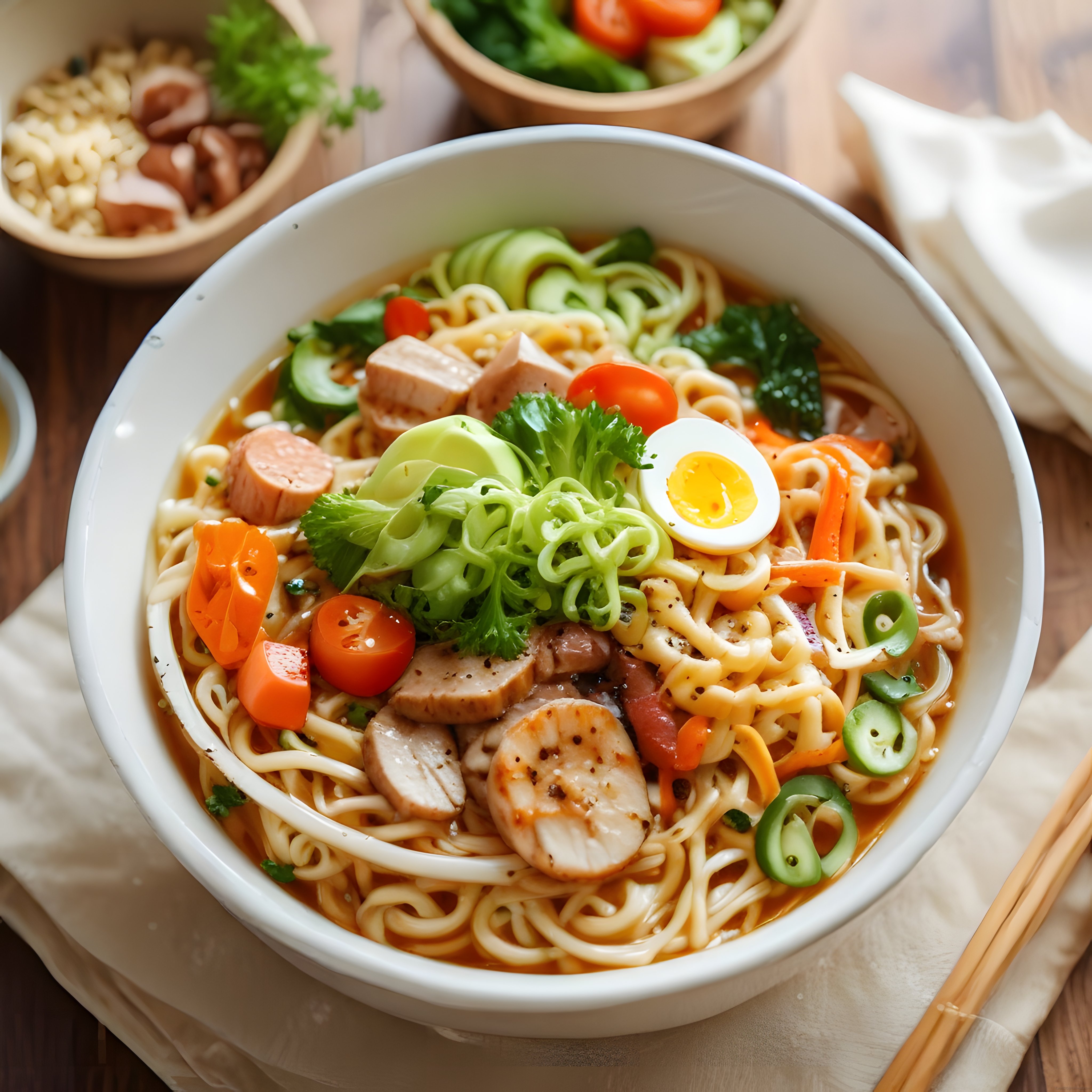 Ev Yapımı Sebzeli ve Hindi Sosisli Noodle Çorbası: Sıcacık Ramen Sunumu