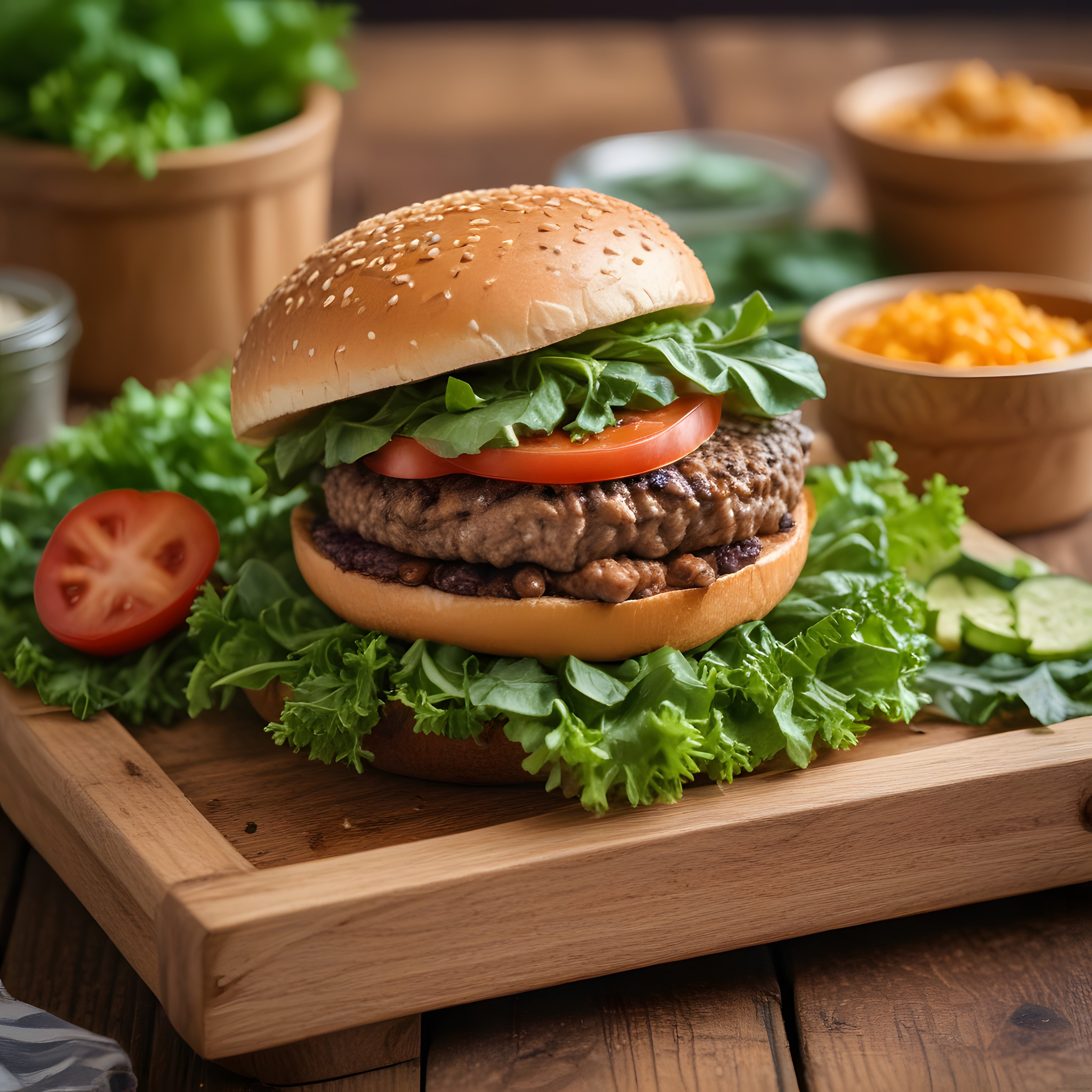 Ev Yapımı Susamlı Burger: Ahşap Sunum Tahtasında Lezzet Şöleni