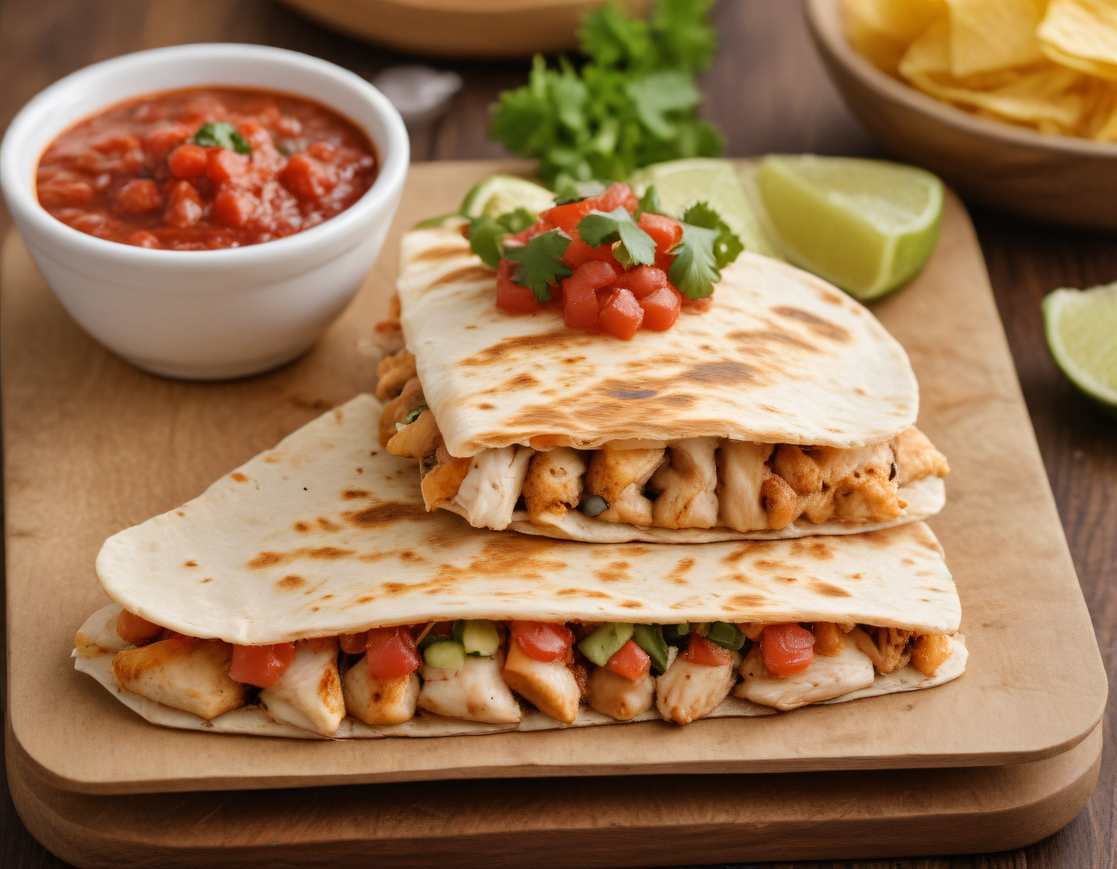 Ev Yapımı Tavuklu Quesadilla, Salsa ve Kişniş ile Lezzetli Meksika Tabağı