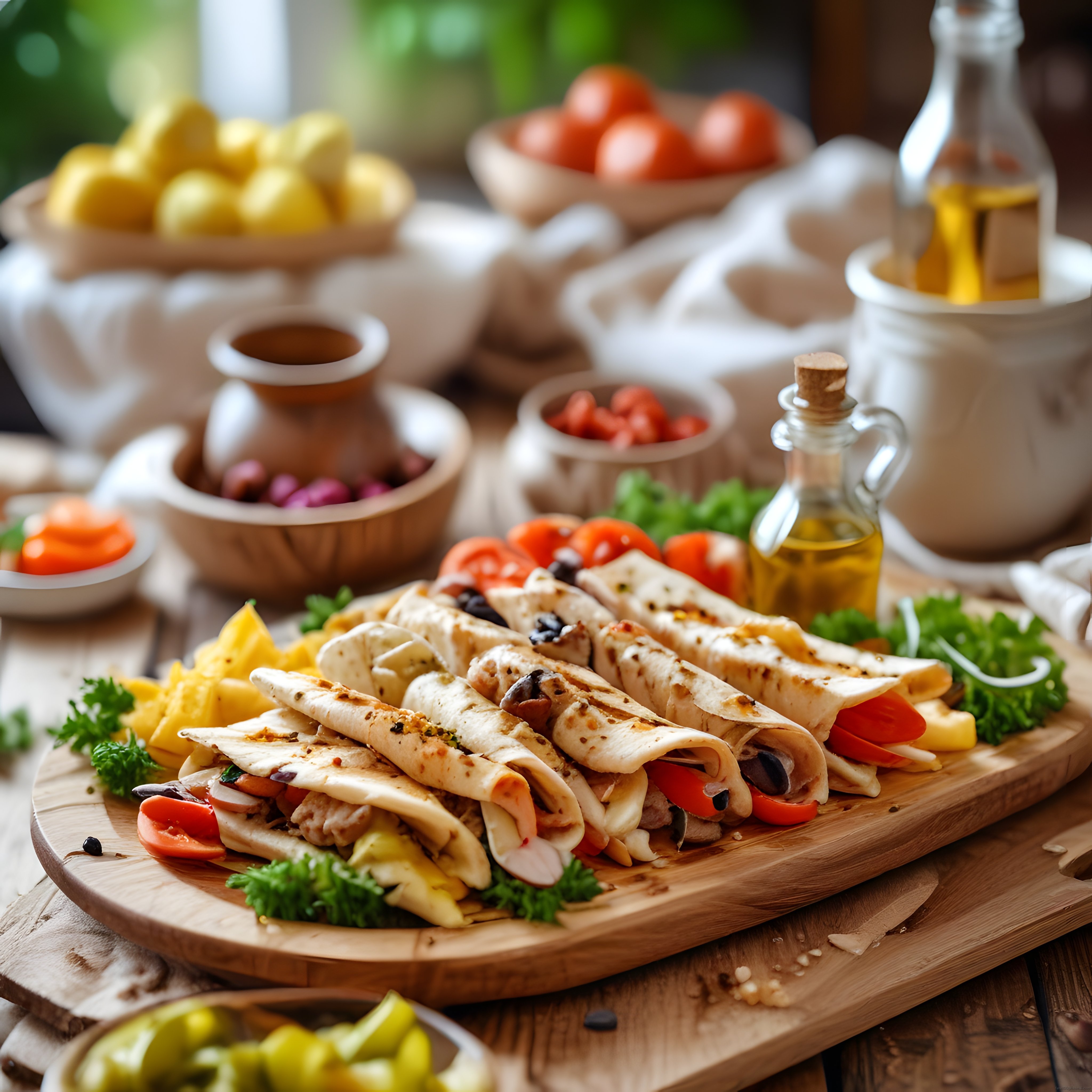 Ev yapımı tavuklu sebzeli wrap dürümler ve şık rustik mutfak sunumu