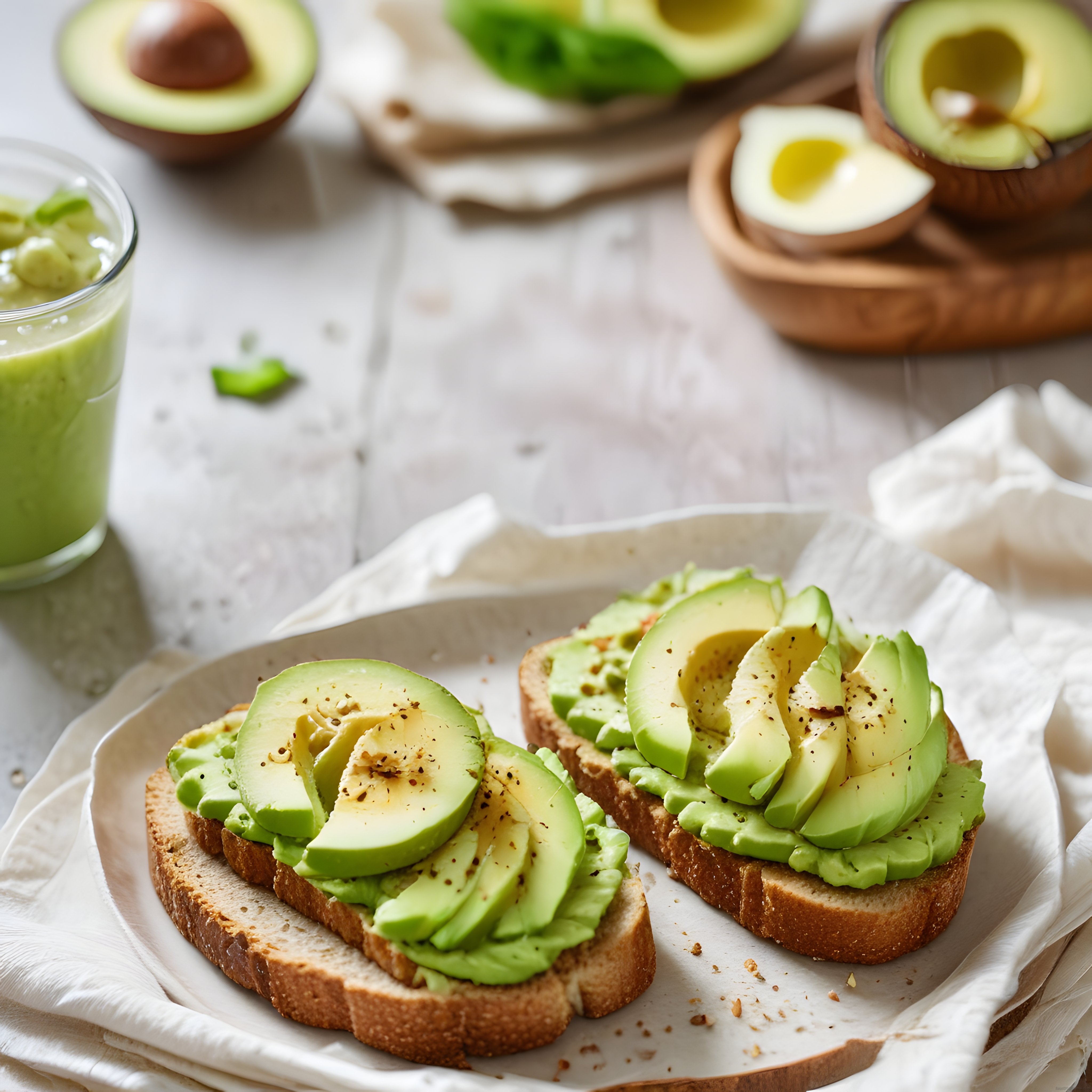 Ev Yapımı Taze Avokado Tost ve Haşlanmış Yumurtalı Sağlıklı Kahvaltı Sunumu