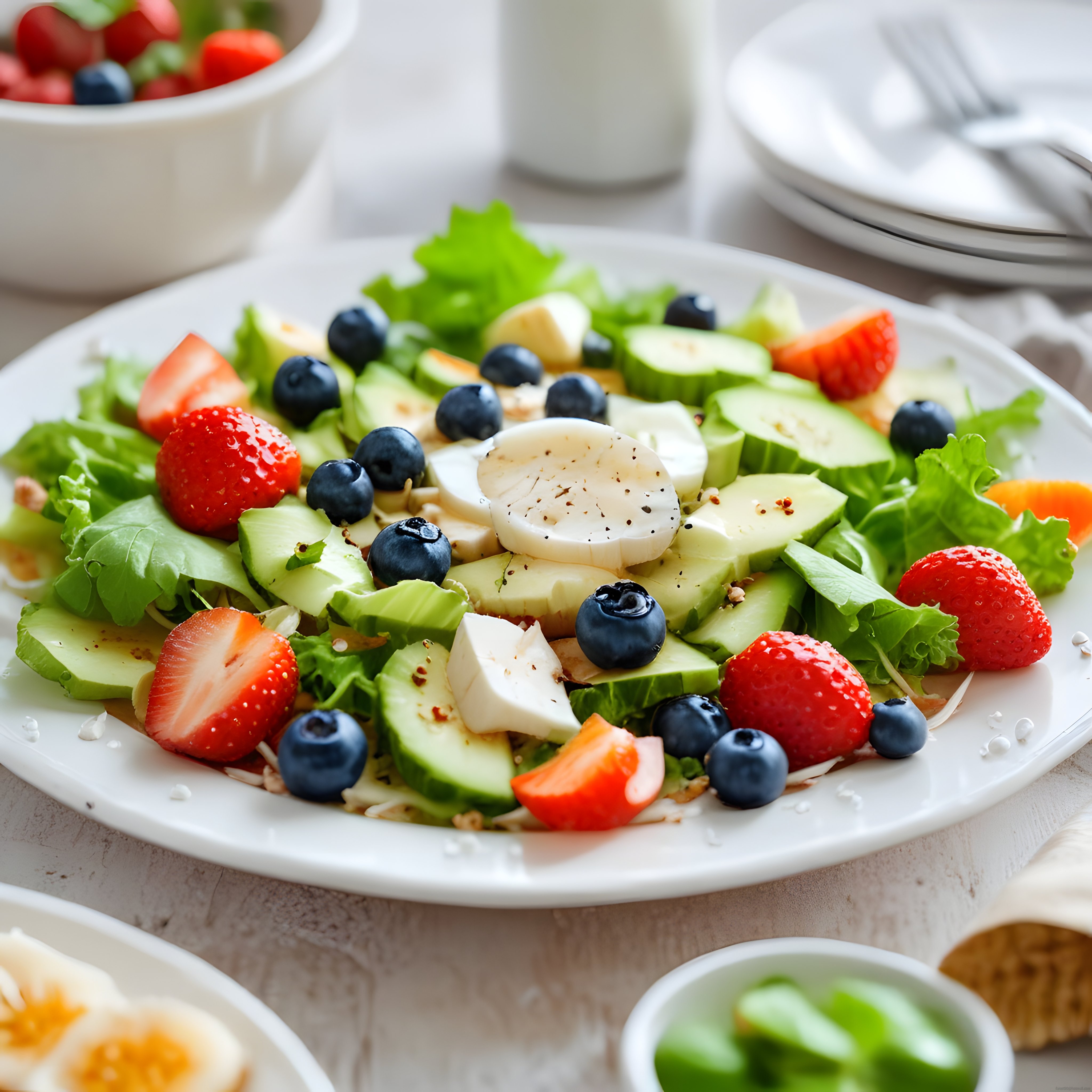Ev Yapımı Taze Çilekli Avokadolu Sağlıklı Kahvaltı Salatası ve Mozzarella
