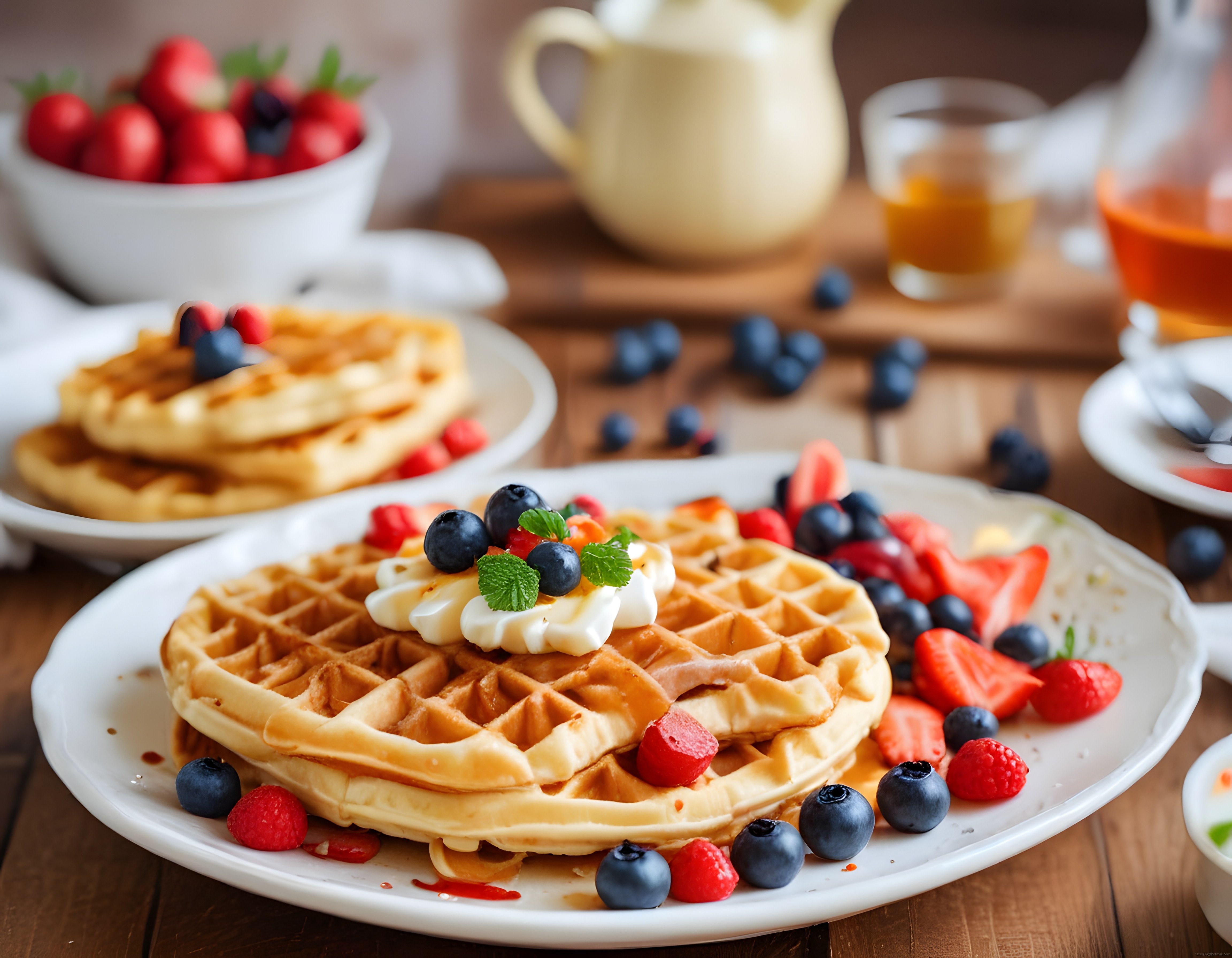 Ev Yapımı Taze Meyveli Waffle ile Keyifli Bir Kahvaltı Masası Sunumu