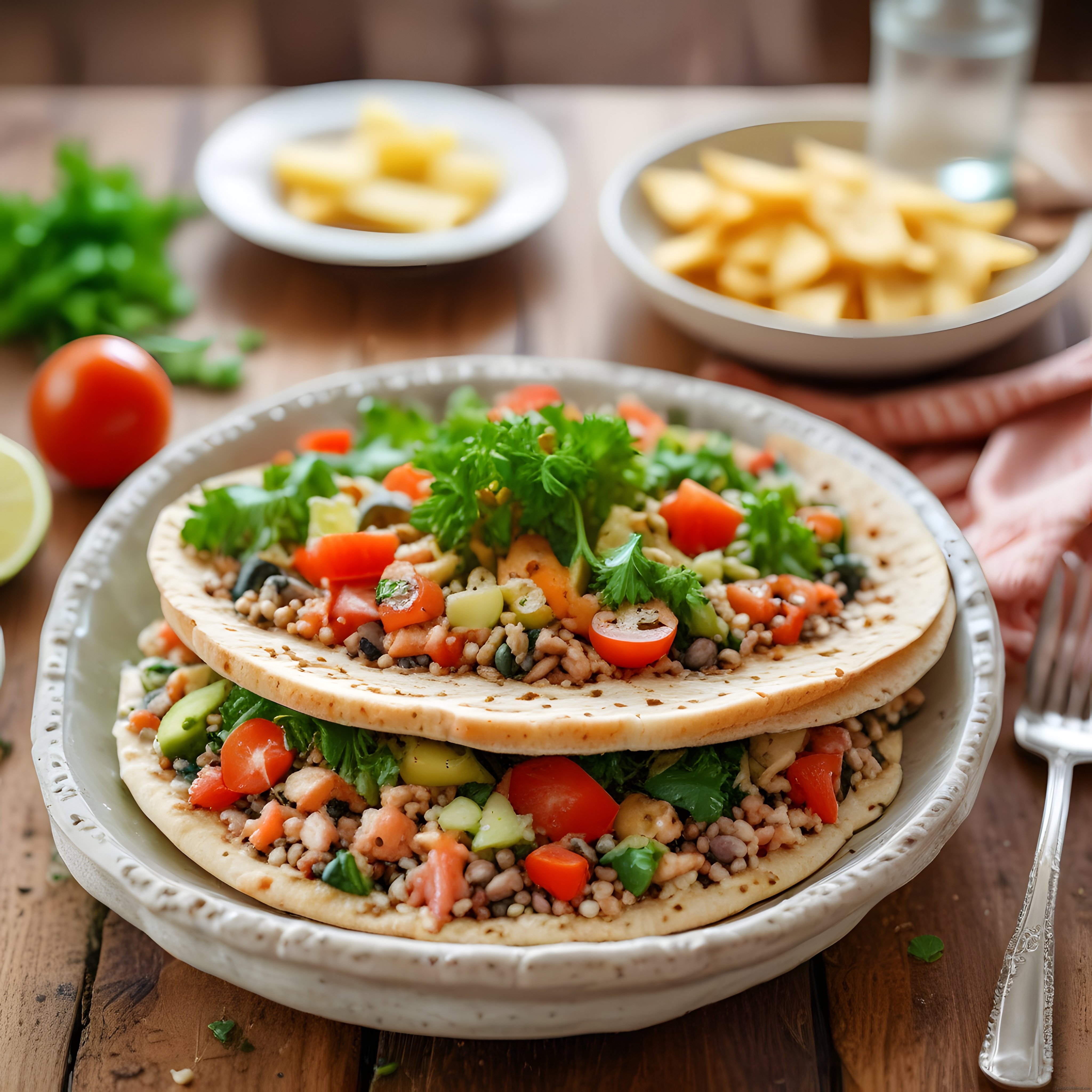 Ev Yapımı Tortilla ile Sebzeli ve Tahıllı Sağlıklı Vegan Kase Sunumu