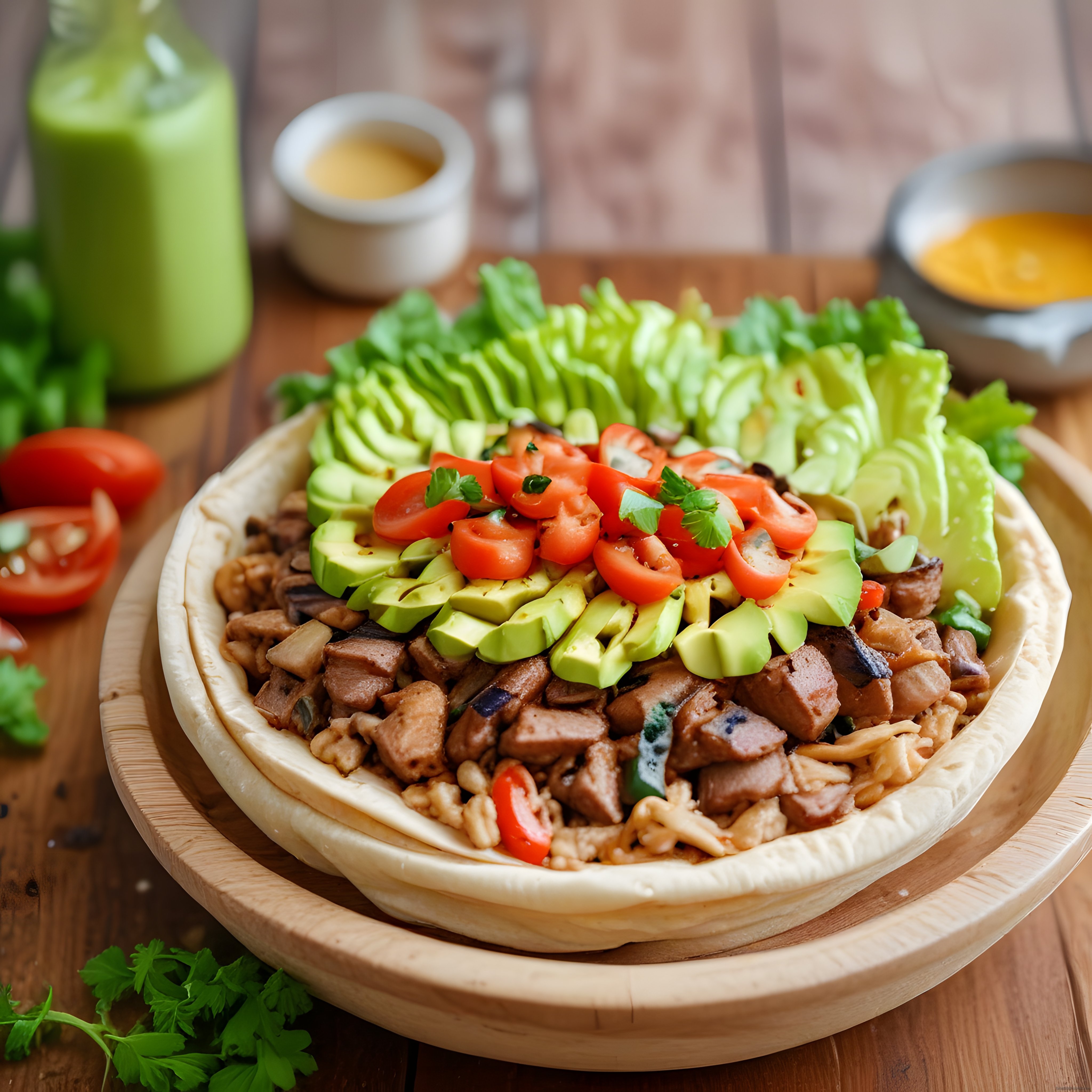 Ev Yapımı Tortilla Kasesinde Etli Avokadolu ve Sebzeli Sağlıklı Öğün