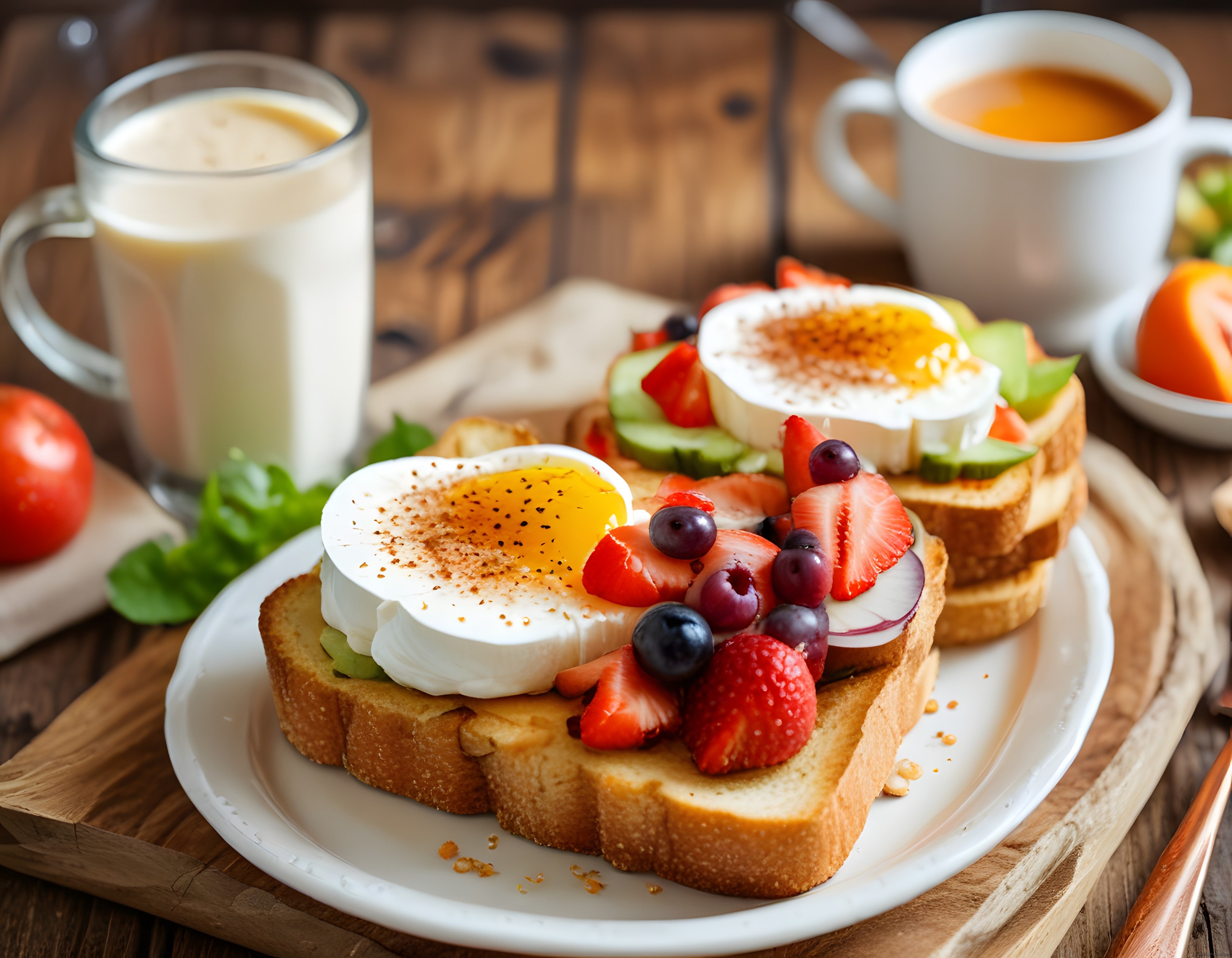 Ev Yapımı Tost Üzerinde Poşe Yumurta ve Taze Bahçe Meyveleriyle Kahvaltı Keyfi