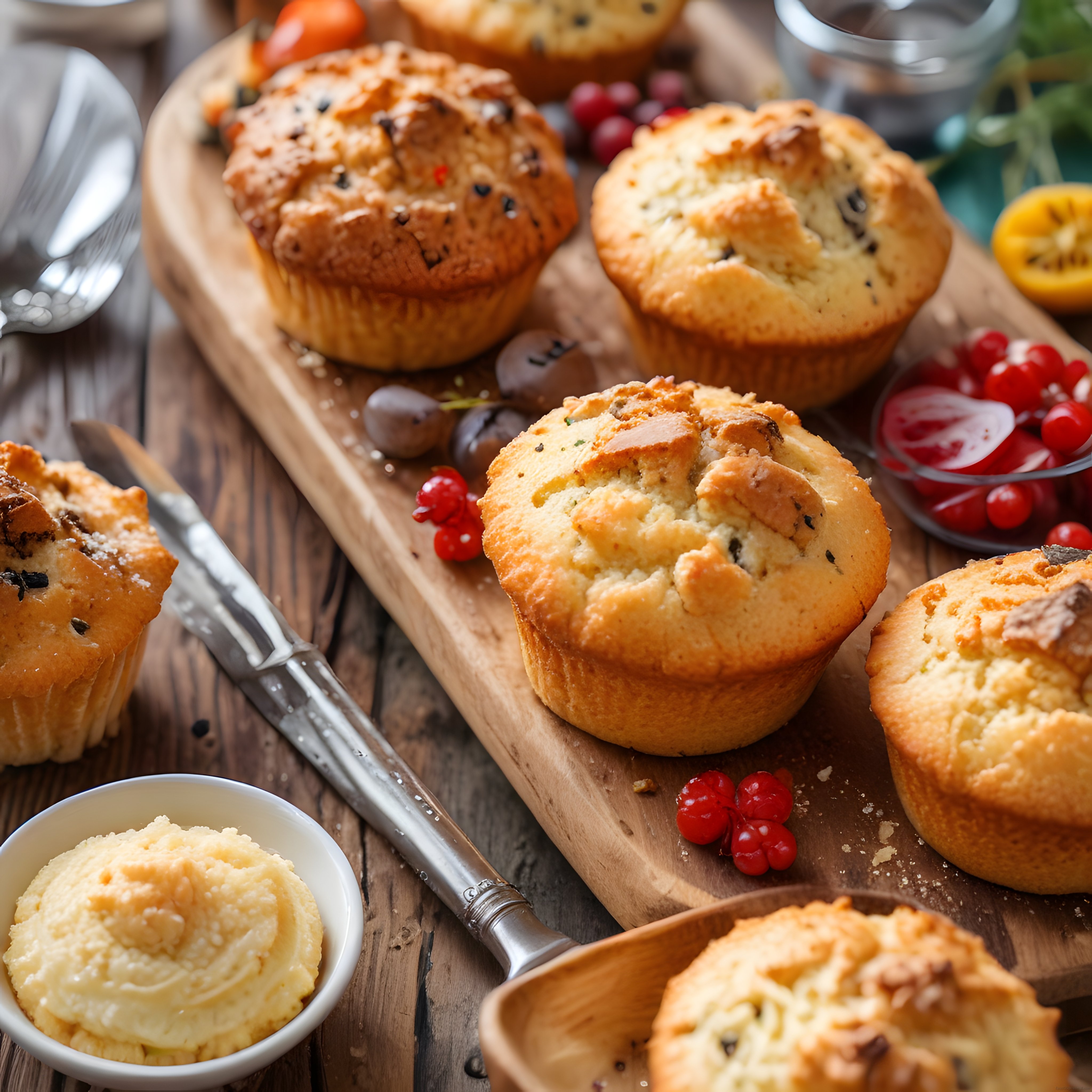 Ev Yapımı Tuzlu Muffinler ve Tereyağı ile Rustik Kahvaltı Masası