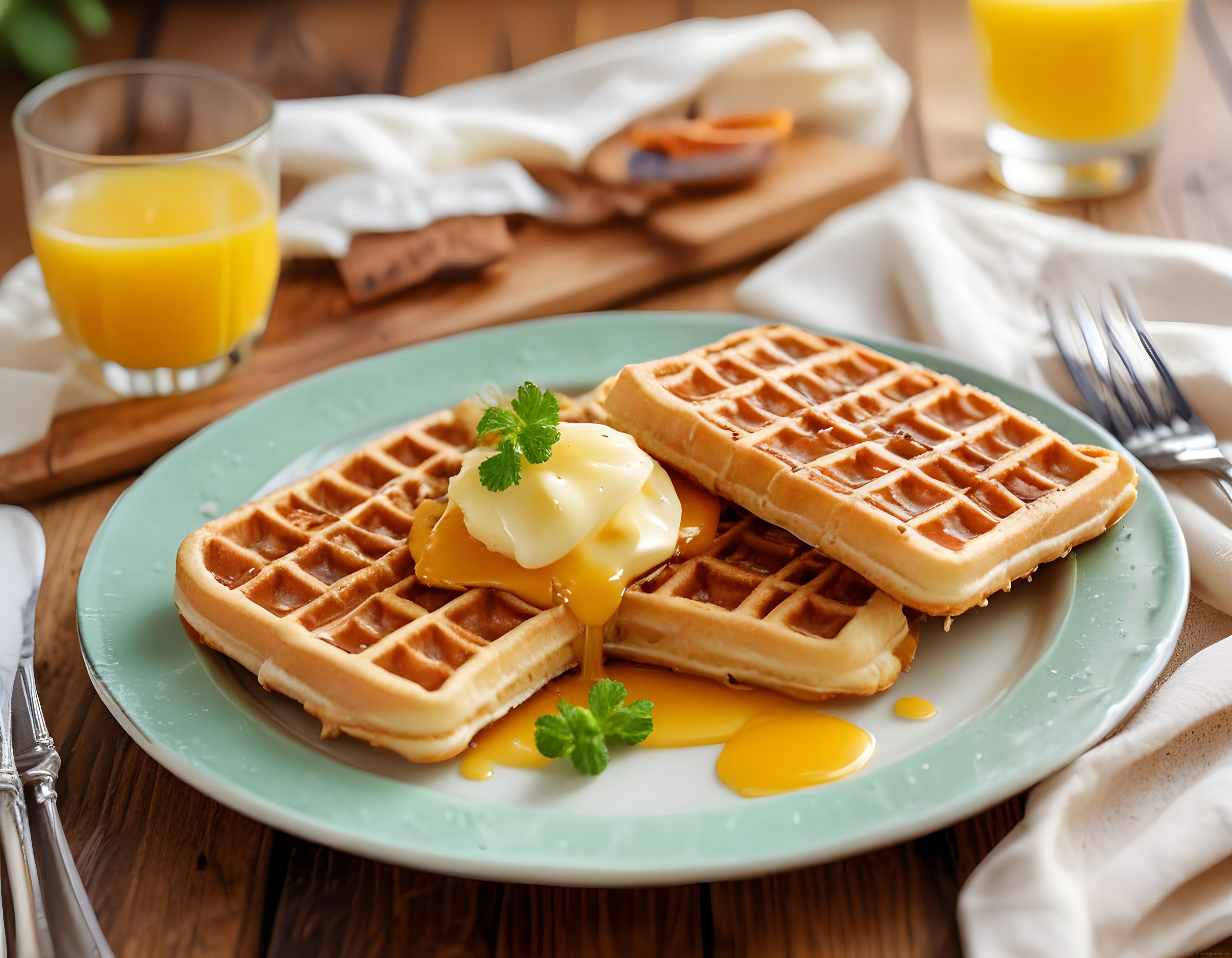 ev yapımı waffle ile kahvaltı keyfi tereyağı ve bal şurubuyla lezzetli sunum