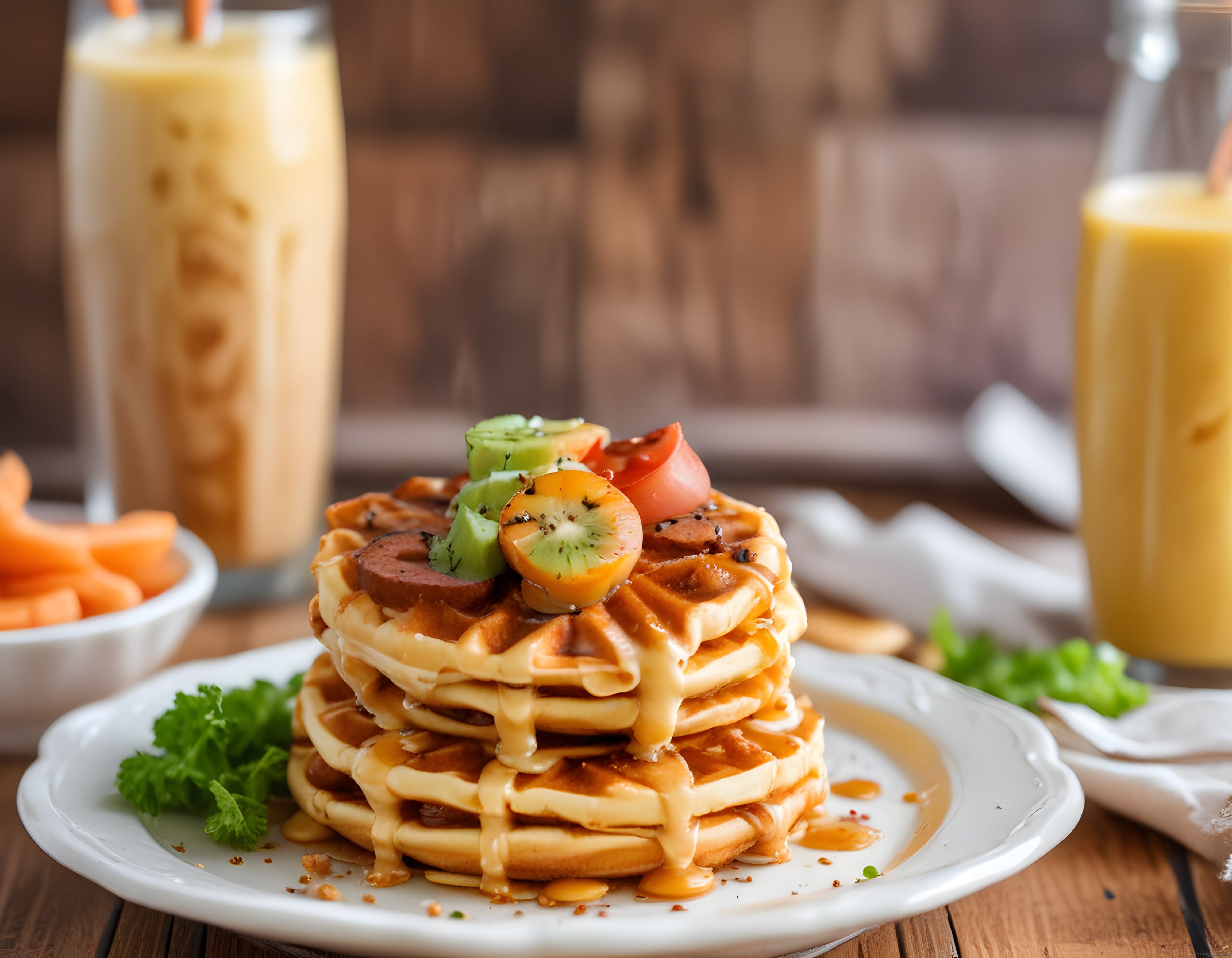 Ev Yapımı Waffle Üstünde Taze Kivi ve Karamel Soslu Kahvaltı Tabağı