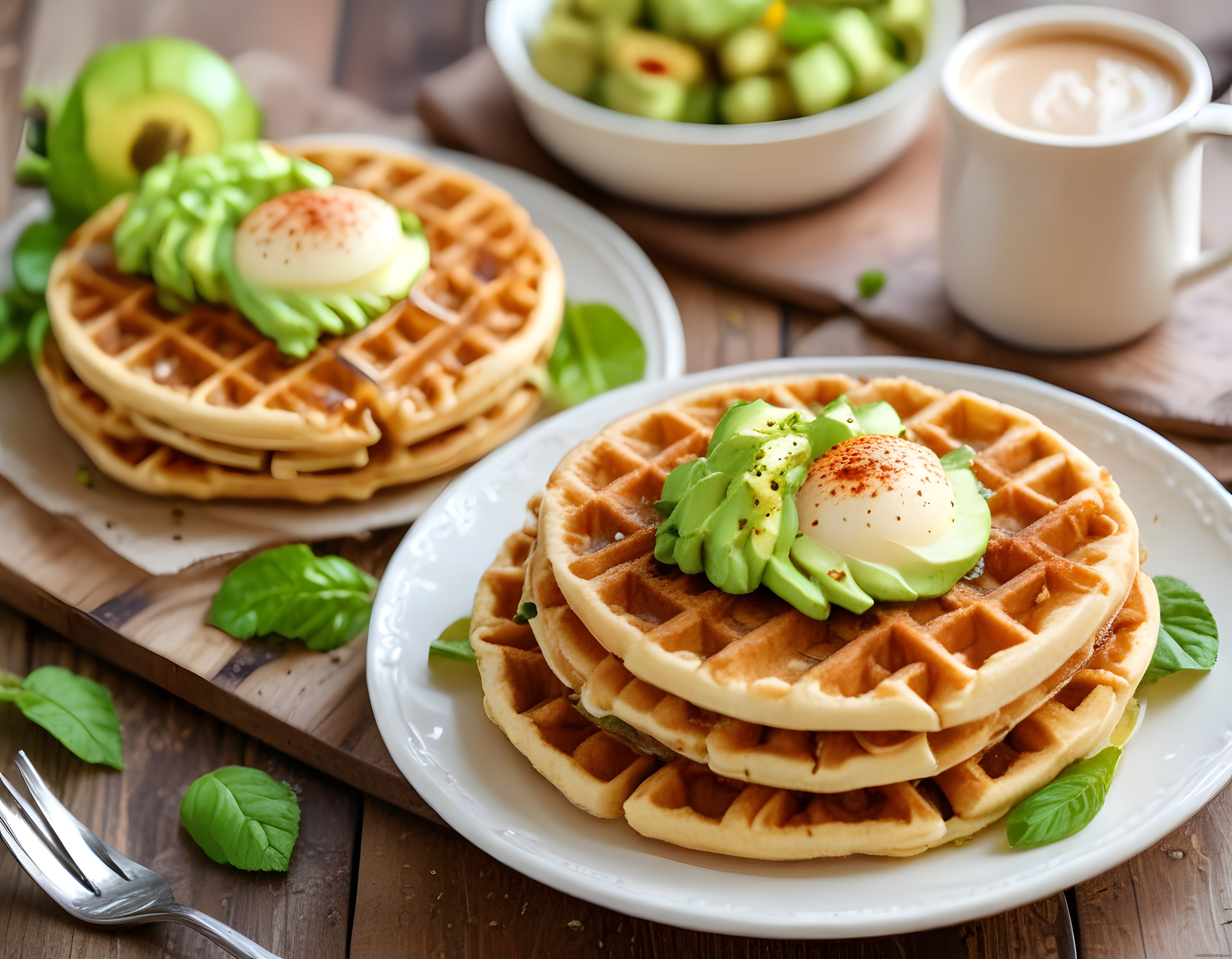 Ev Yapımı Waffle Üzerinde Avokado ve Poşe Yumurta ile Lezzetli Kahvaltı