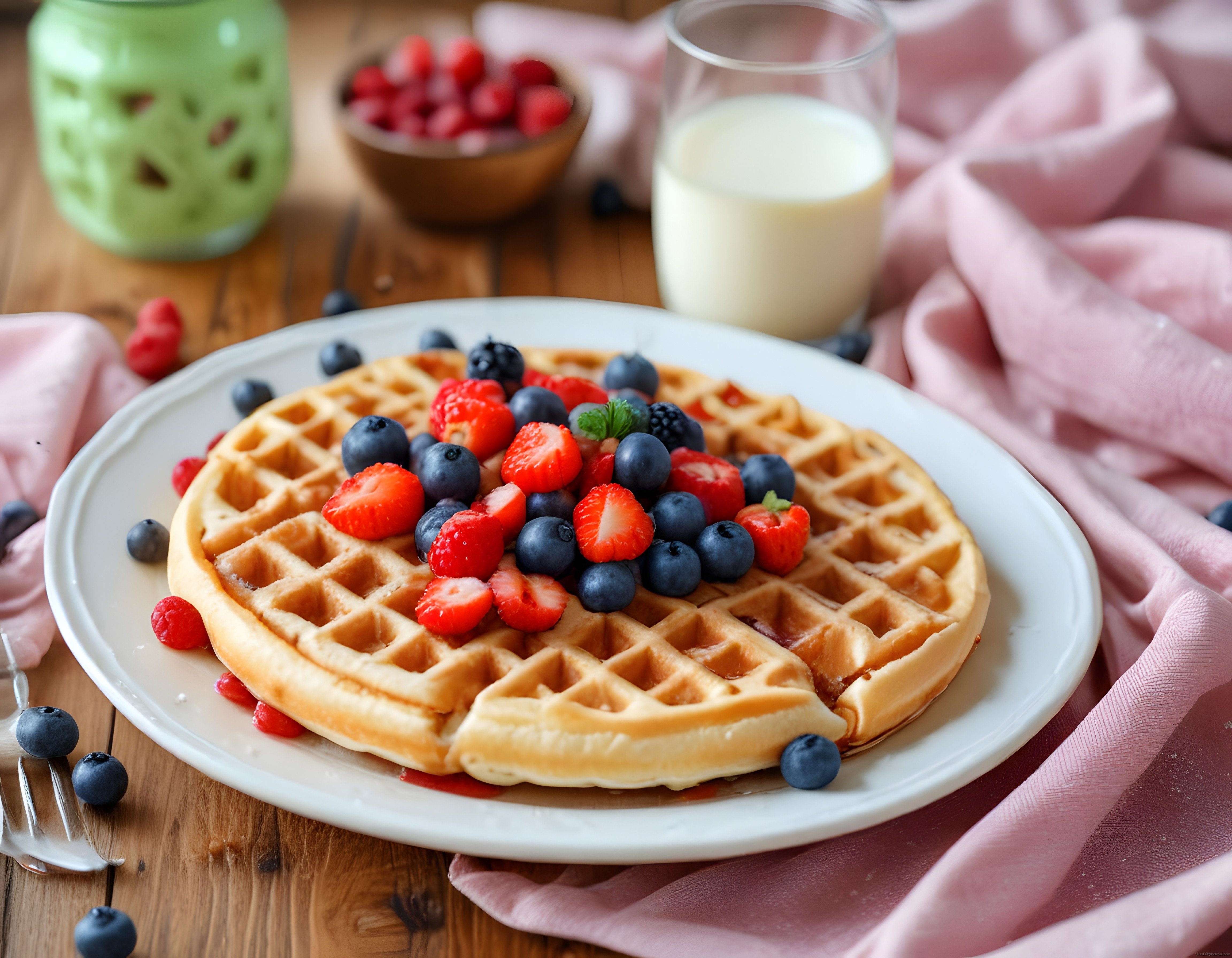 Ev Yapımı Waffle Üzerinde Çilek Yaban Mersini ve Böğürtlen ile Kahvaltı