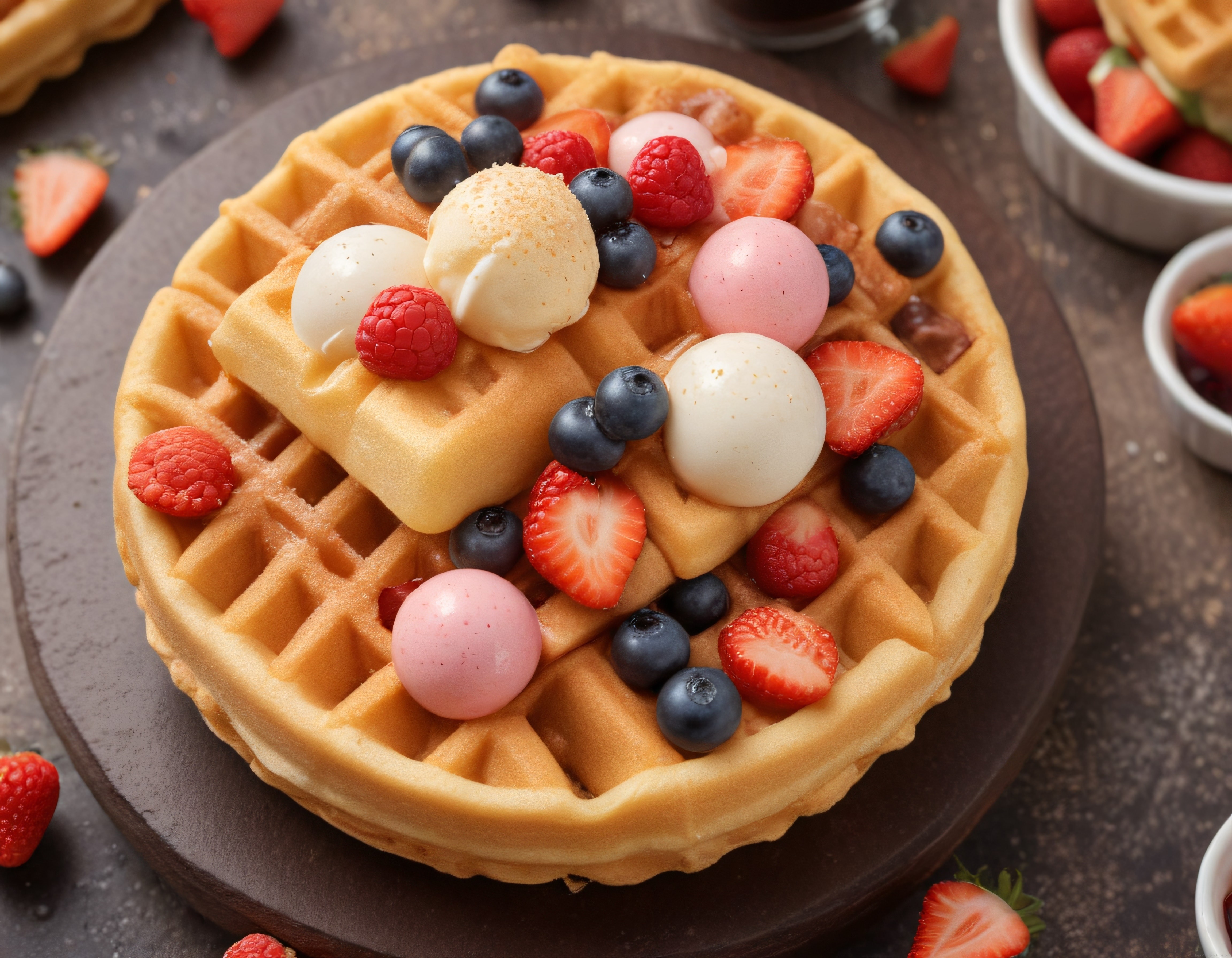 Ev Yapımı Waffle Üzerinde Dondurma ve Orman Meyveleri ile Lezzetli Sunum