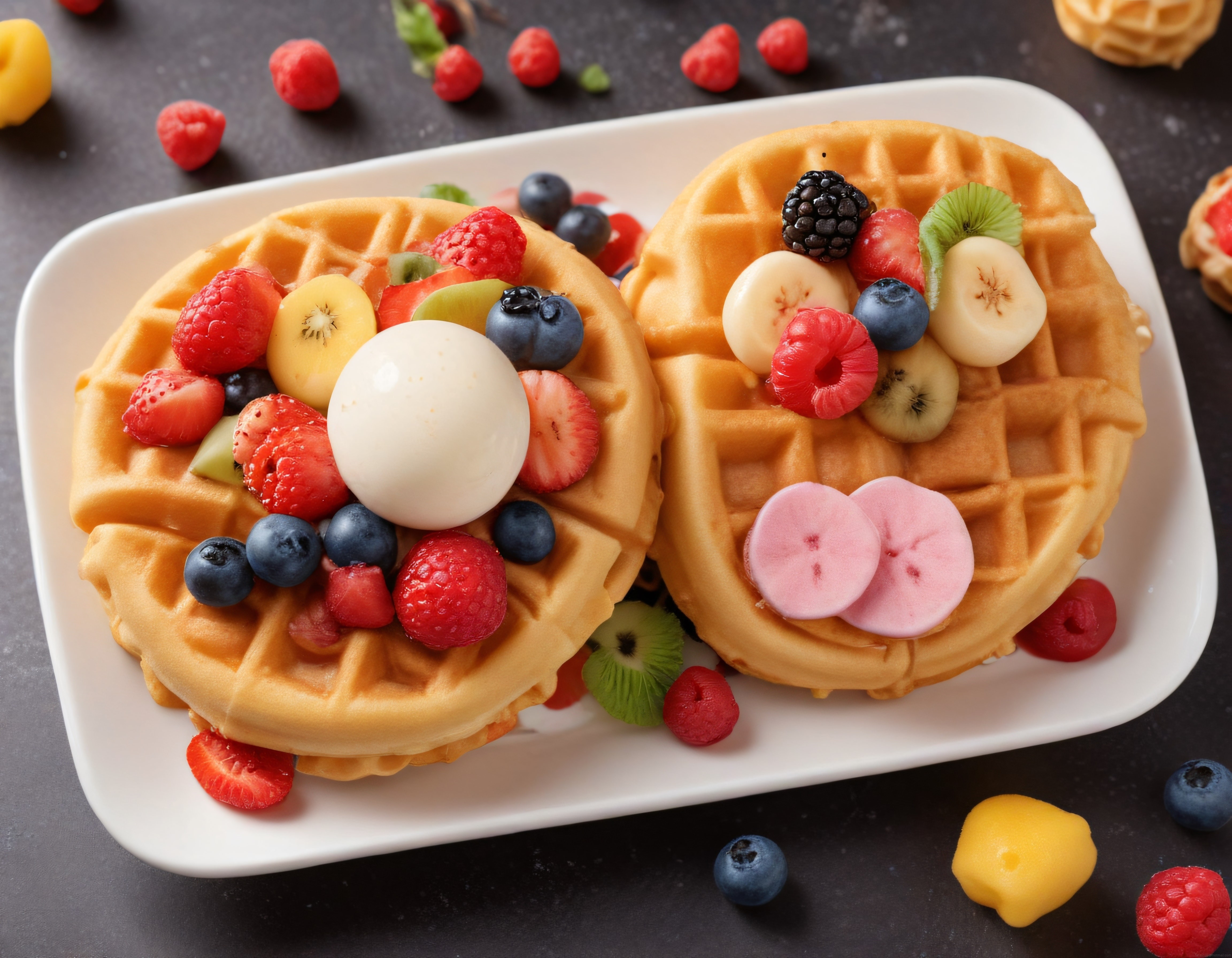 Ev Yapımı Waffle Üzerinde Renkli Orman Meyveleri ve Dondurma ile Kahvaltı Keyfi