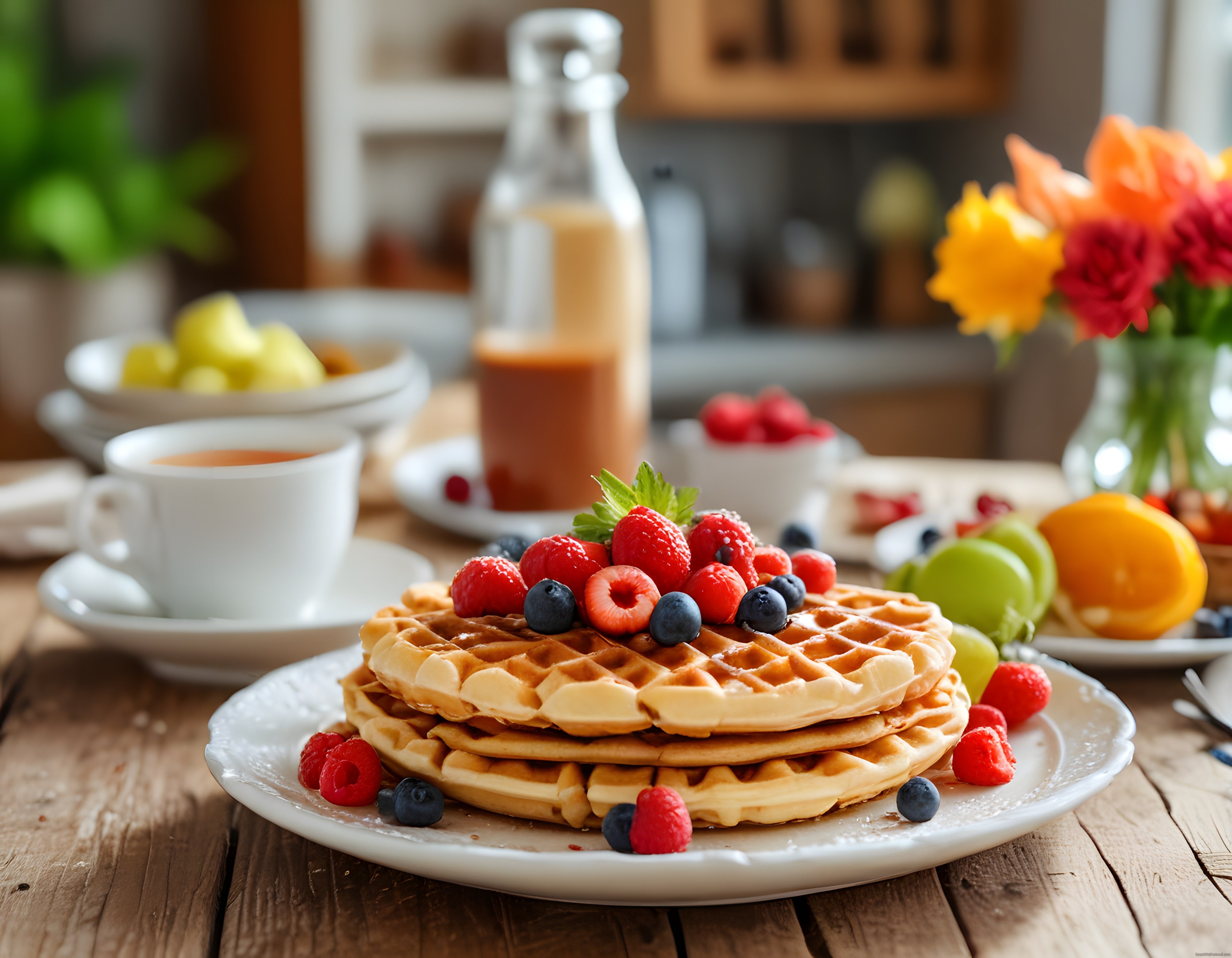 Ev Yapımı Waffle Üzerinde Taze Ahududu ve Yaban Mersini ile Kahvaltı Keyfi