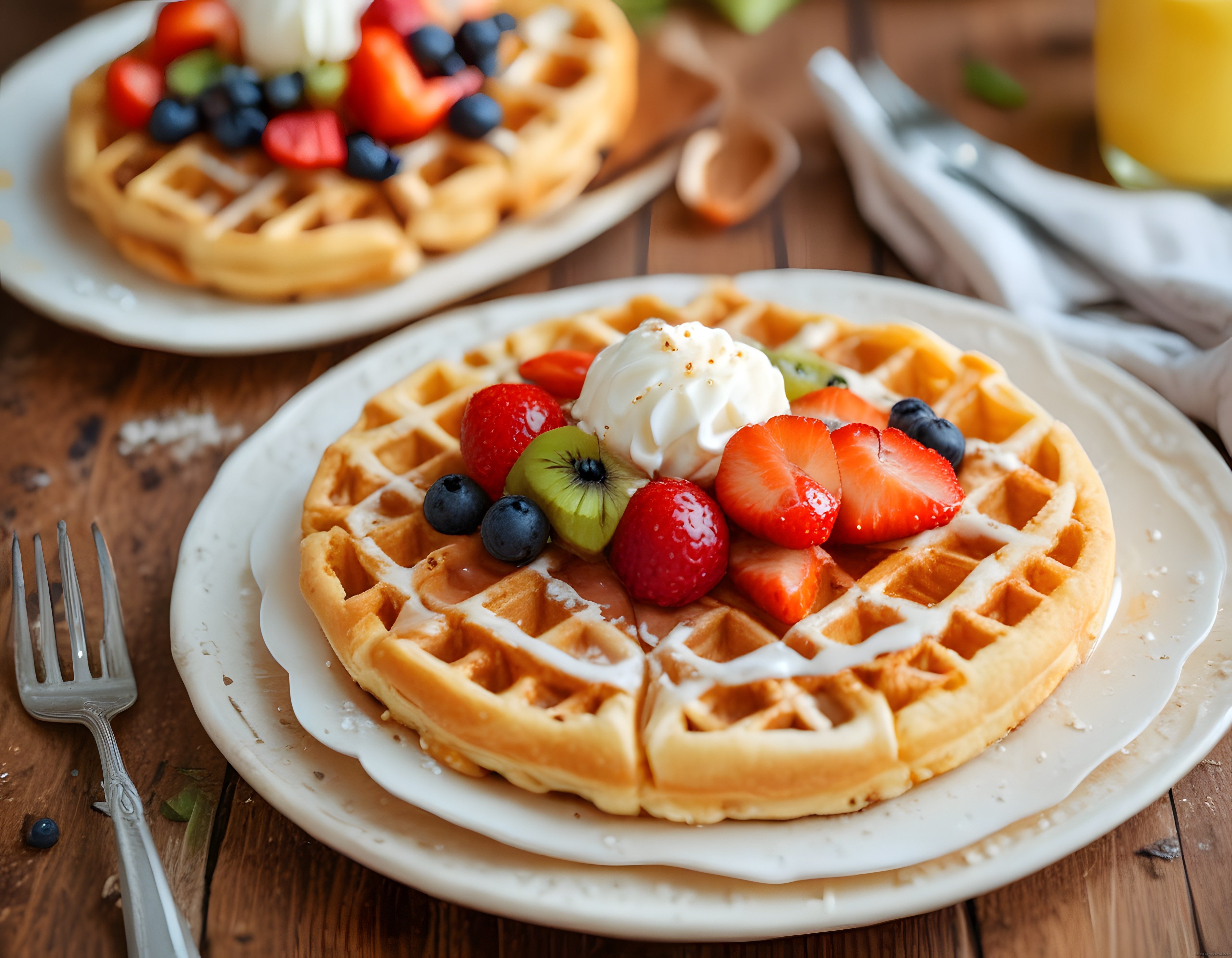 Ev Yapımı Waffle Üzerinde Taze Meyveler ve Köpük Kremayla Kahvaltı Sofrası