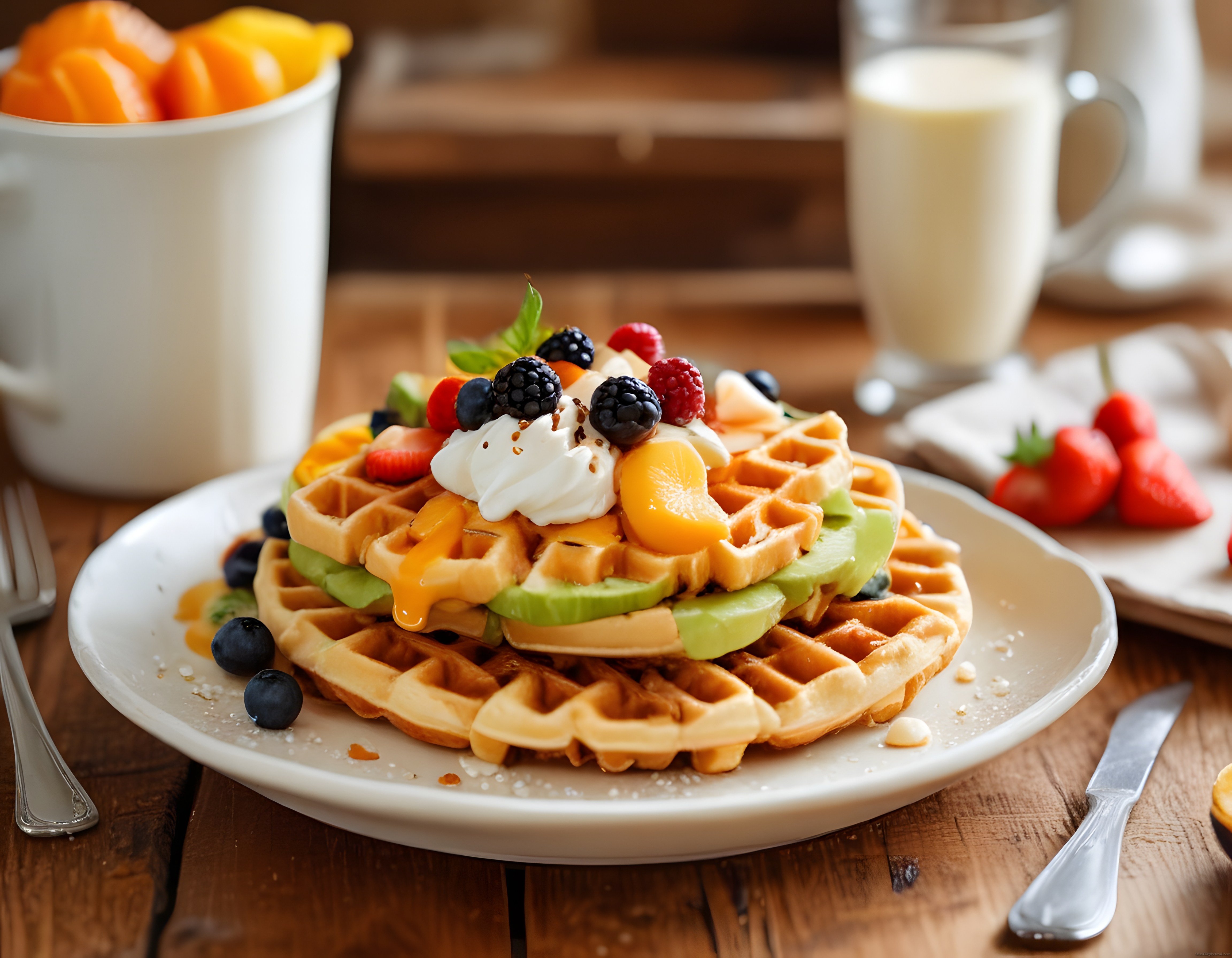 Ev Yapımı Waffle Üzerinde Taze Meyveler ve Kremayla Lezzetli Kahvaltı