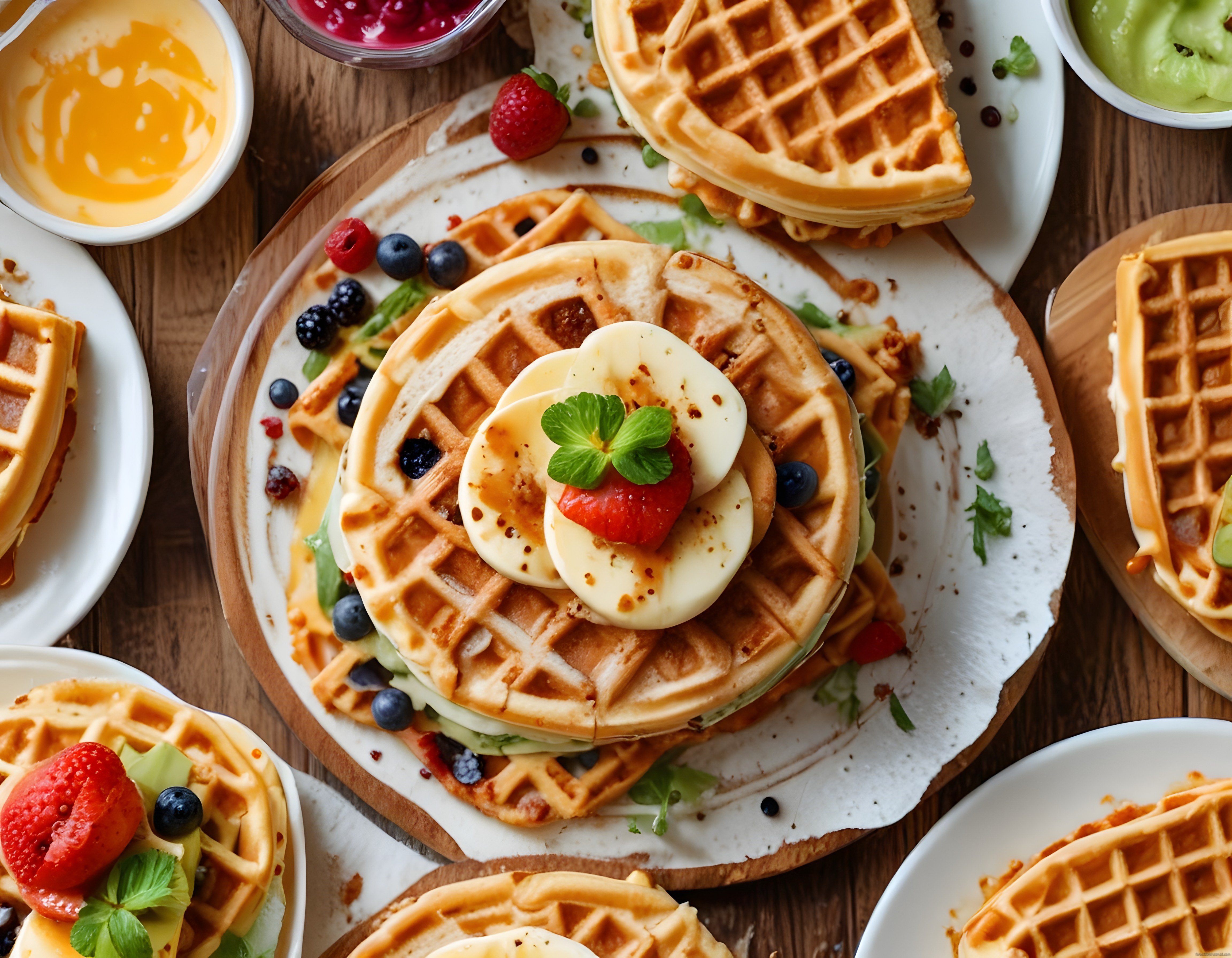 Ev Yapımı Waffle Üzerinde Taze Meyveli ve Ballı Kahvaltı Tabağı