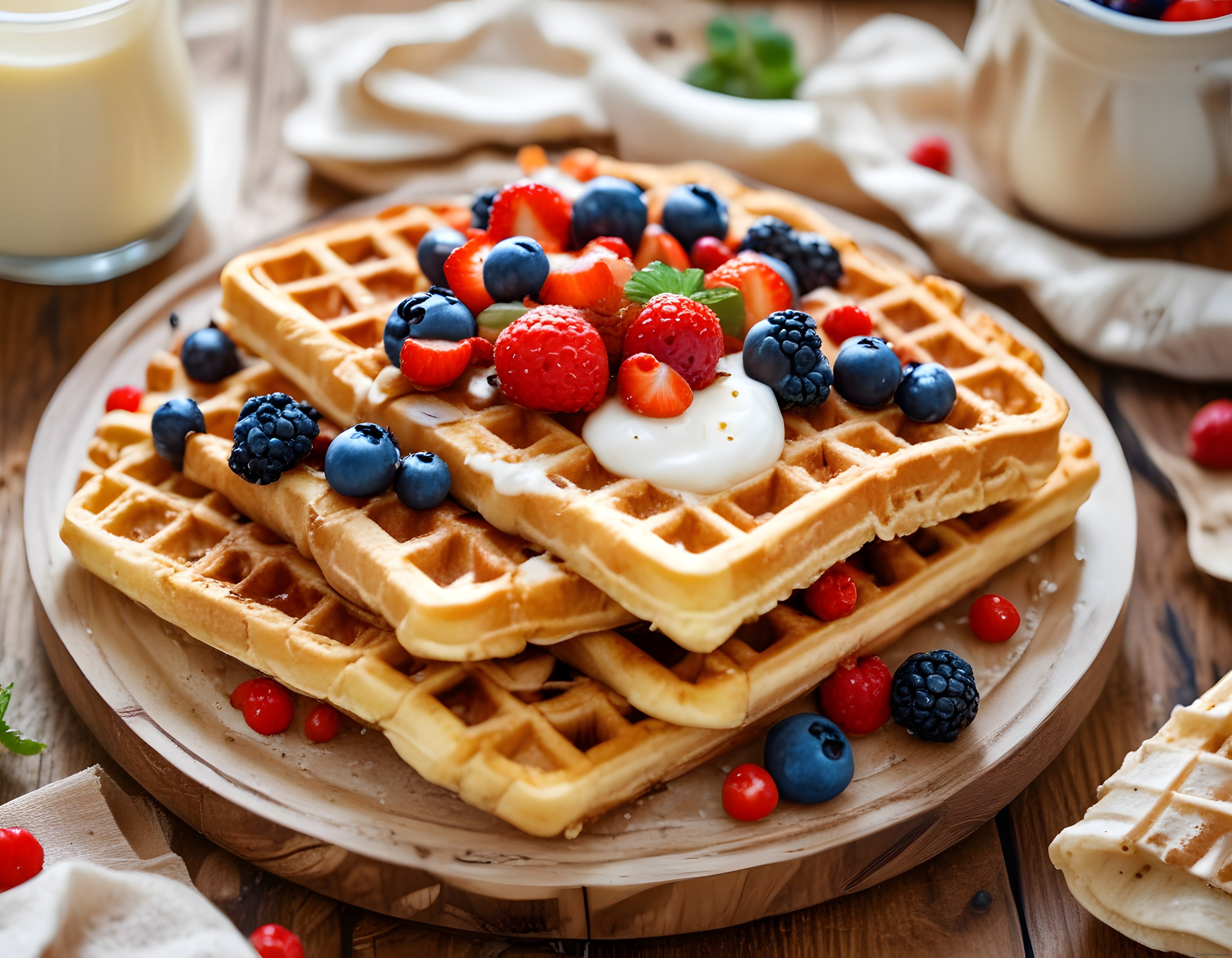 Ev Yapımı Waffle Üzerinde Taze Orman Meyveleri ve Krema ile Leziz Kahvaltı