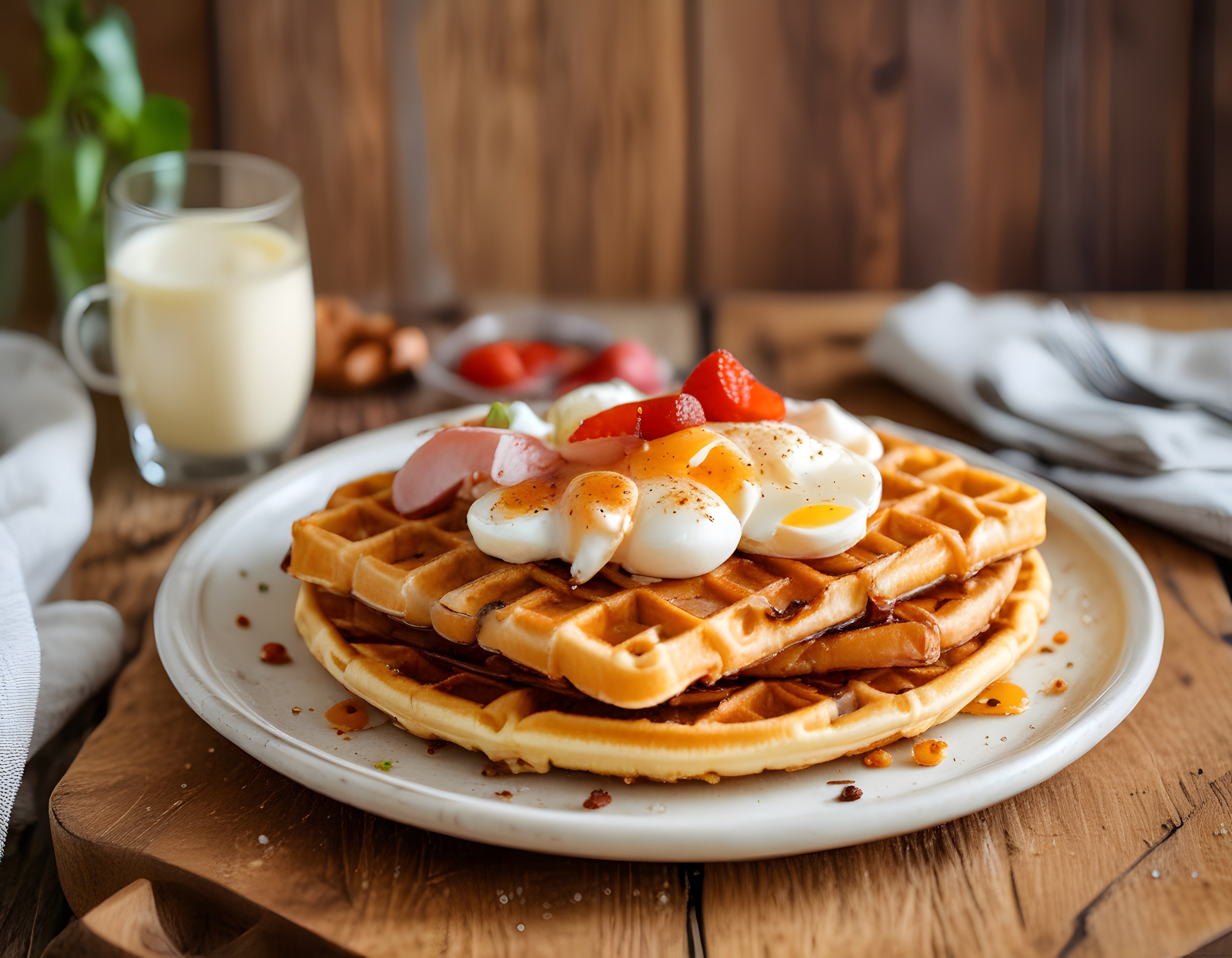 Ev Yapımı Waffle Üzerinde Yumurta ve Çilekli Kahvaltı Sunumu