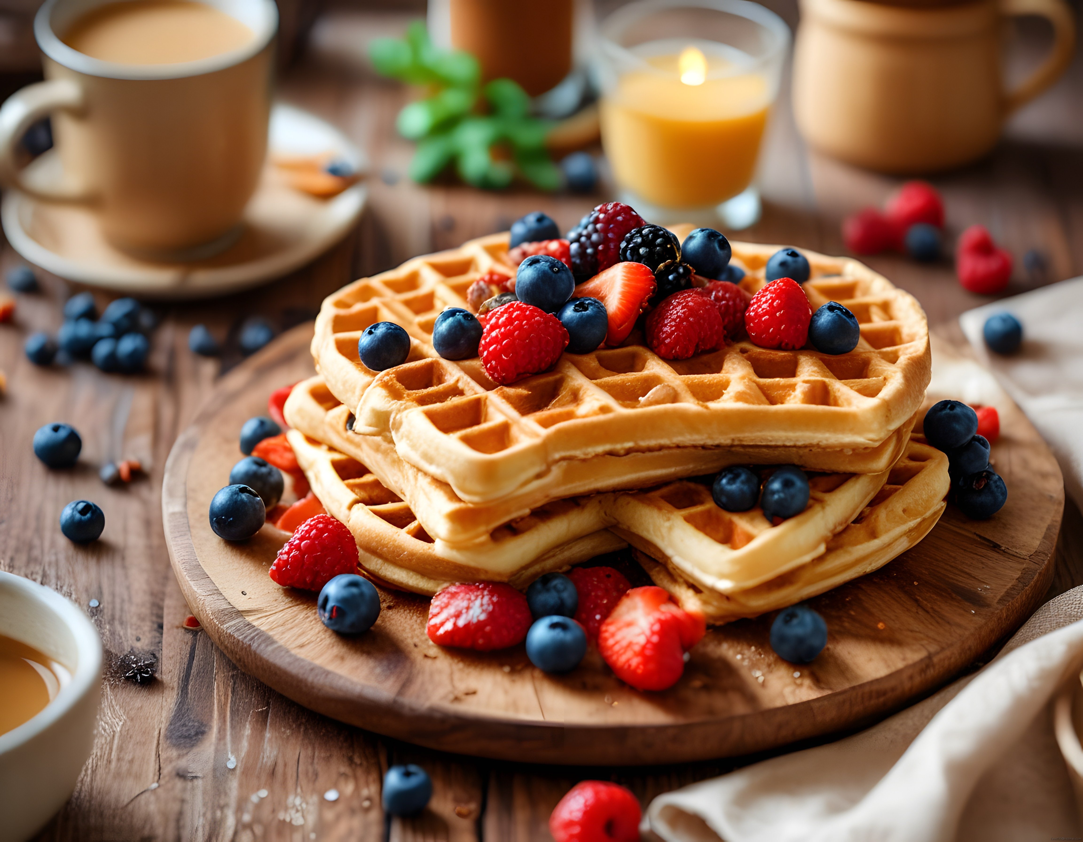 Ev Yapımı Waffle ve Taze Orman Meyveleriyle Nefis Kahvaltı Sunumu