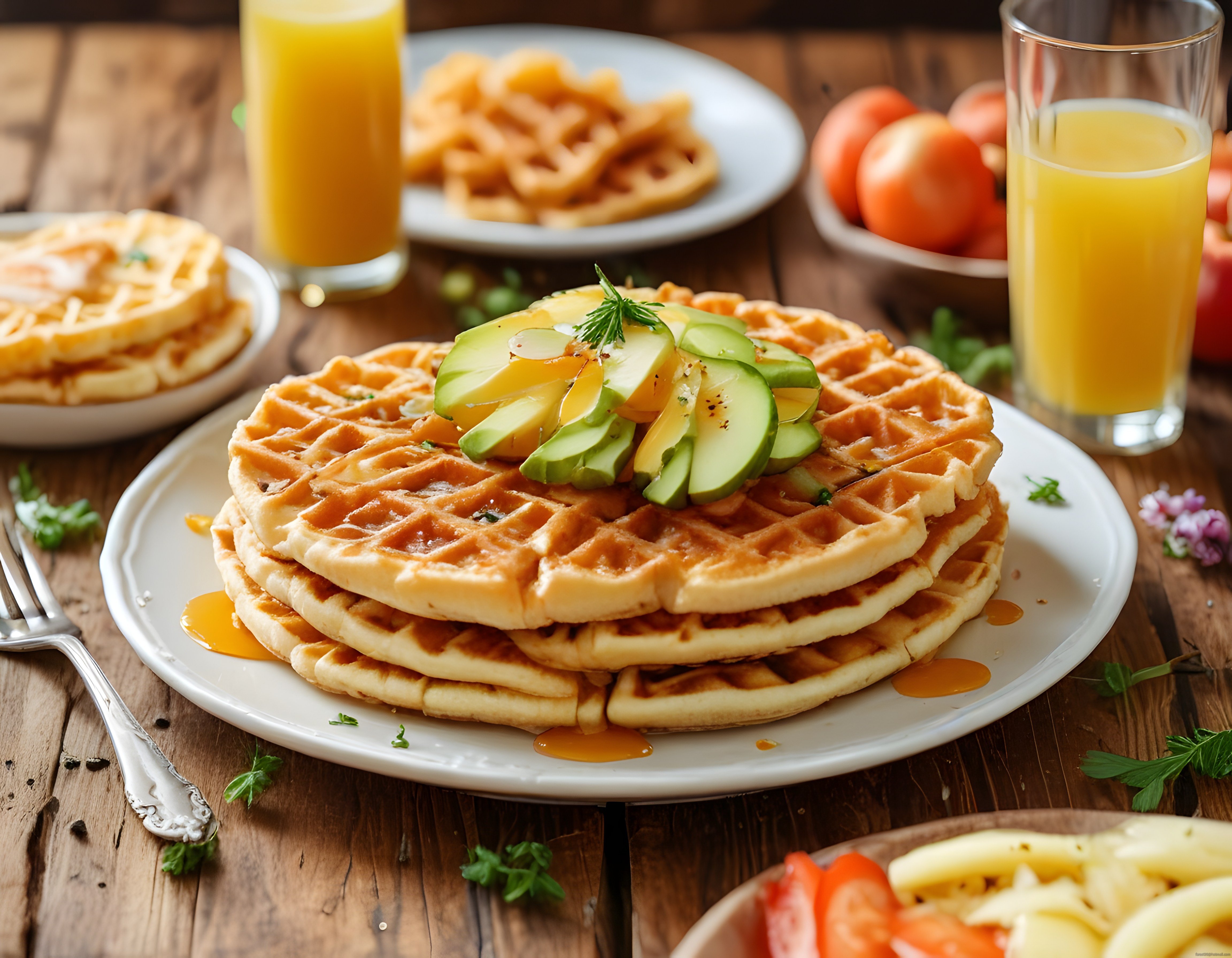 Ev Yapımı Wafle Üzerinde Avokado ve Ballı Sos ile Egzotik Kahvaltı Tabağı