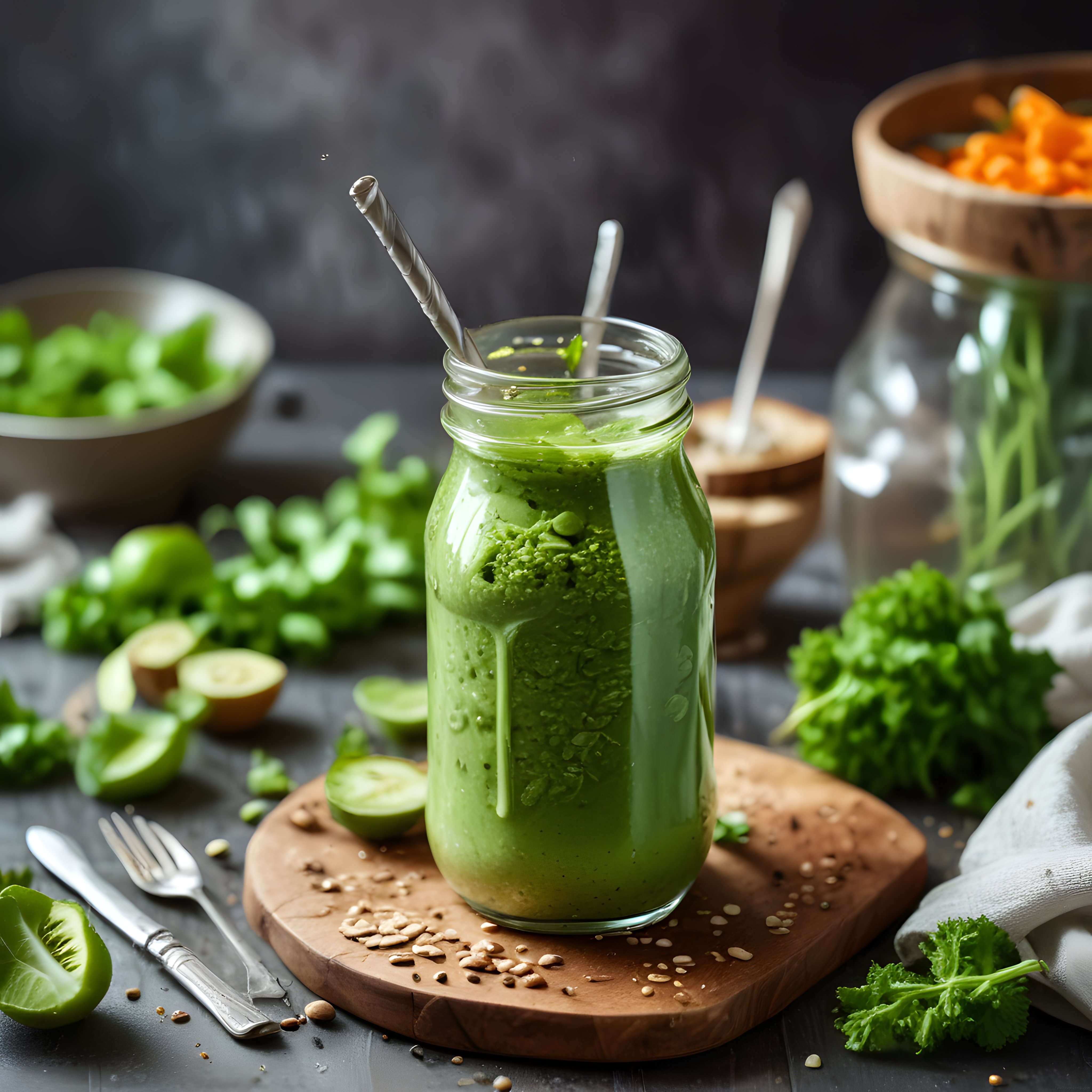 ev yapımı yeşil detoks smoothie kavanozda ve taze sağlıklı malzemeler