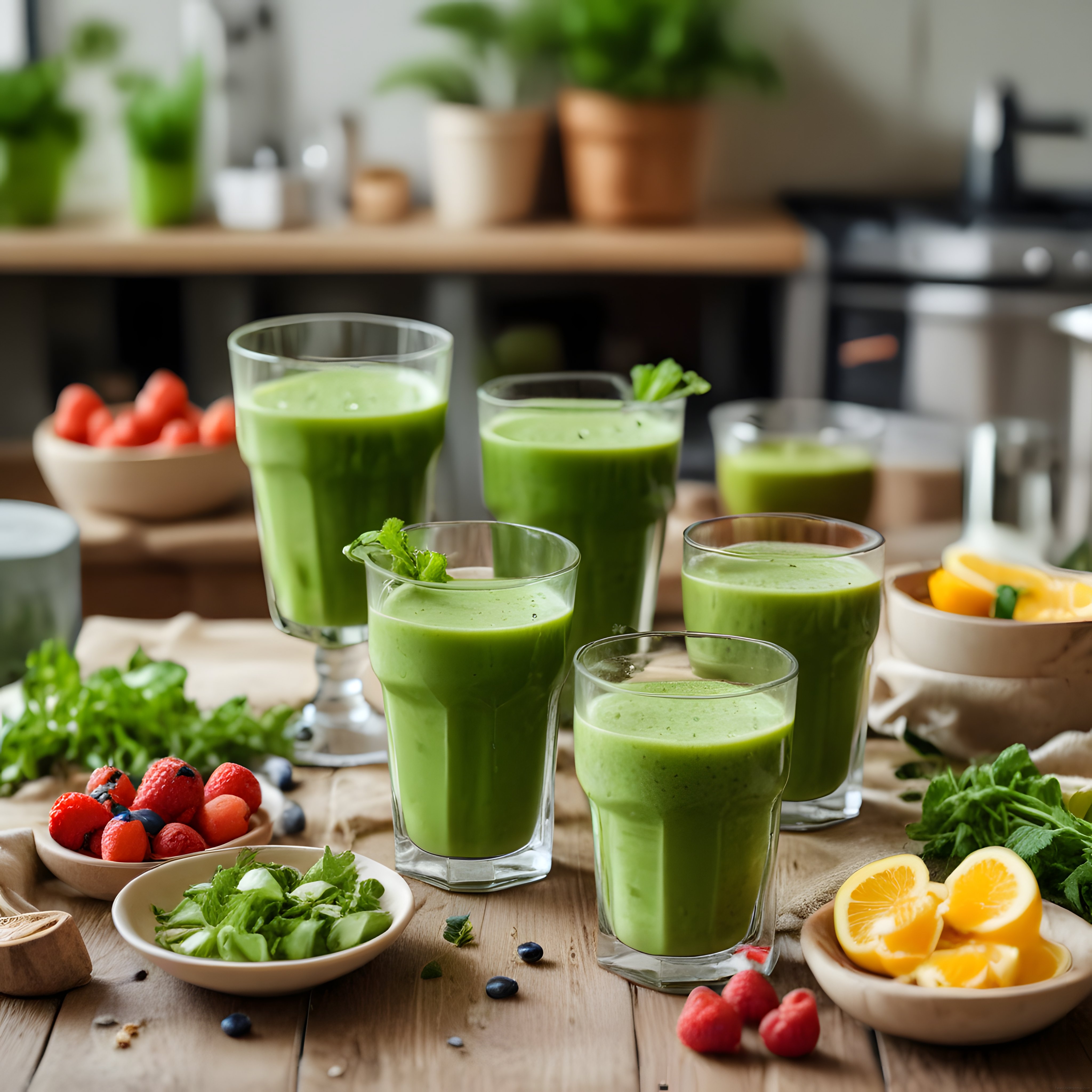 Ev Yapımı Yeşil Smoothie ve Taze Bahçe Ürünleriyle Sağlıklı Kahvaltı Sunumu